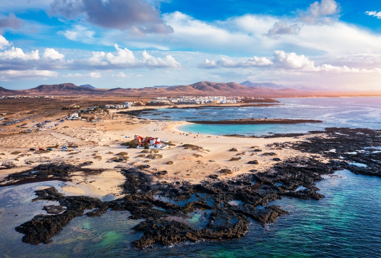 Panoramic view of El Cotillo city in Fuerteventura, Canary Islands, Spain. Scenic colorful traditional villages of Fuerteventura