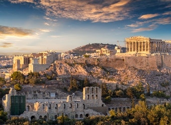 skyline view of ruins of acropolis during the sunny day, Athens