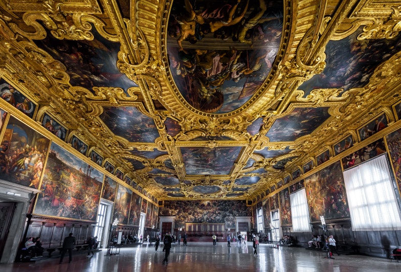 Interior of Doge’s Palace, panorama of luxury Higher Council Hall, Venice, Italy