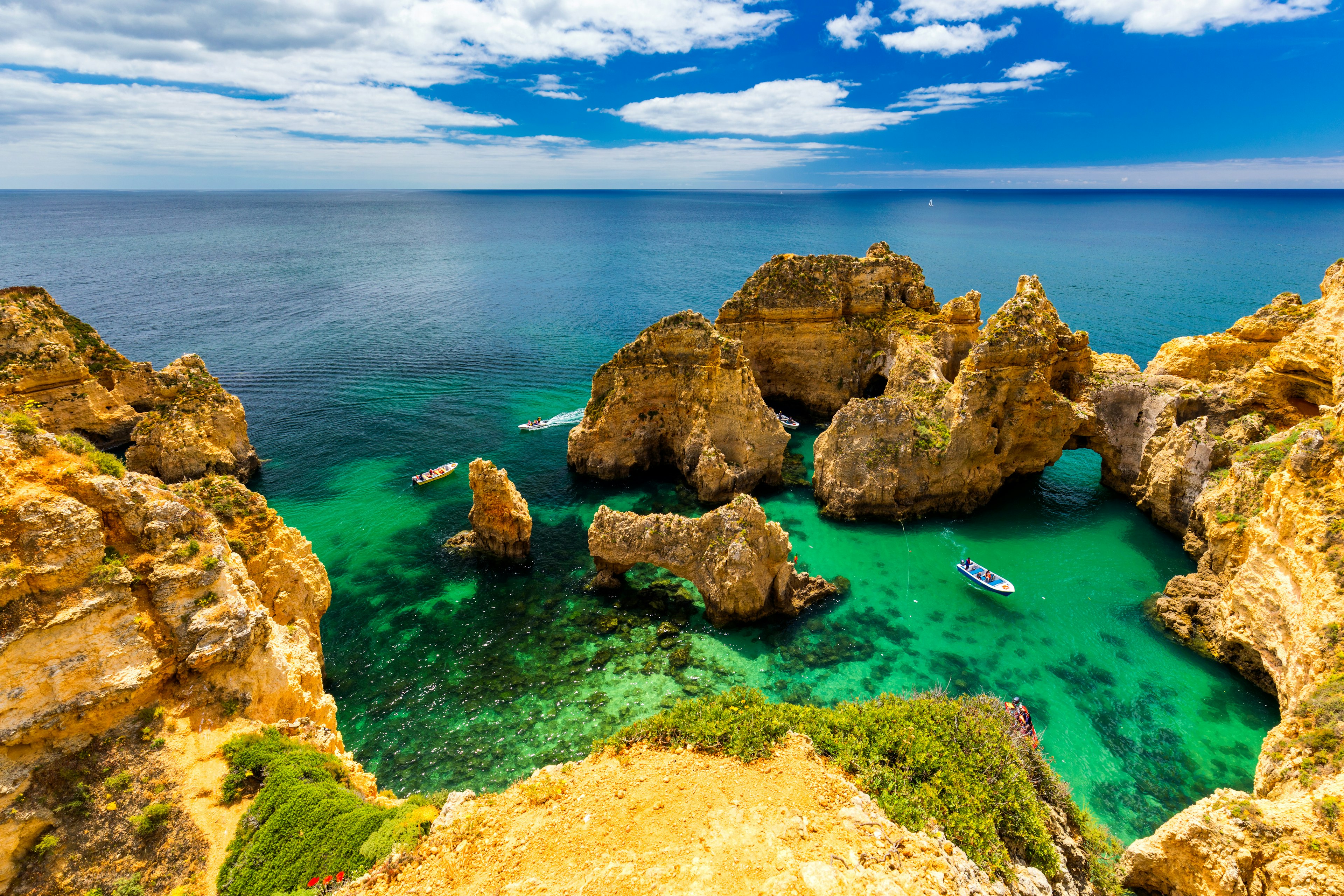 The dramatic rock formations at Ponta da Piedade near Lagos in Algarve, Portugal.