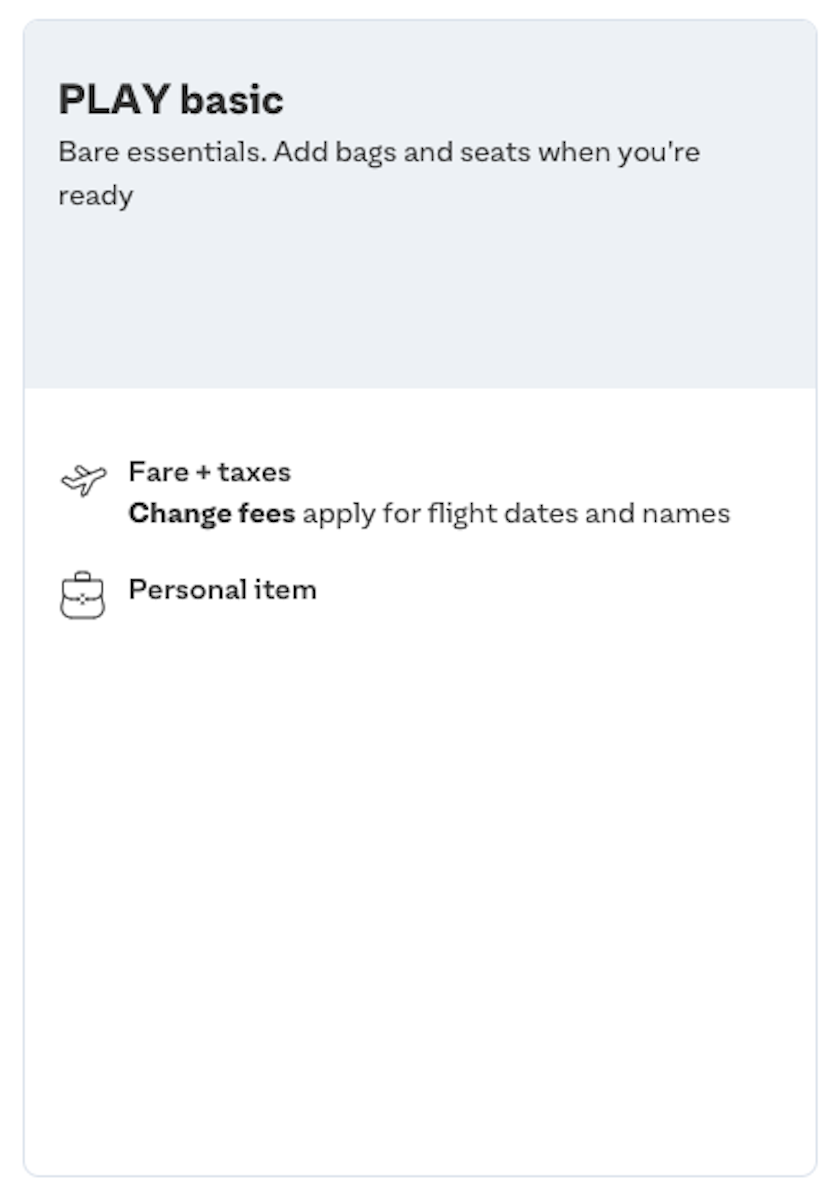 Infograph of what is included in the PLAY basic bundled fare