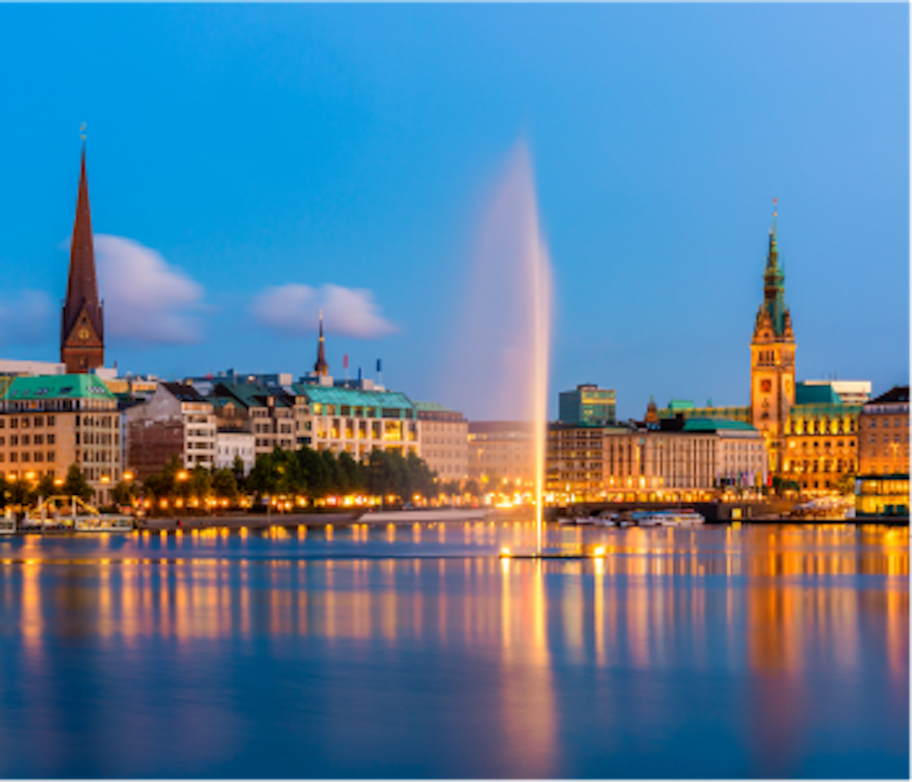 a fountain at sundown in Hamburg Germany