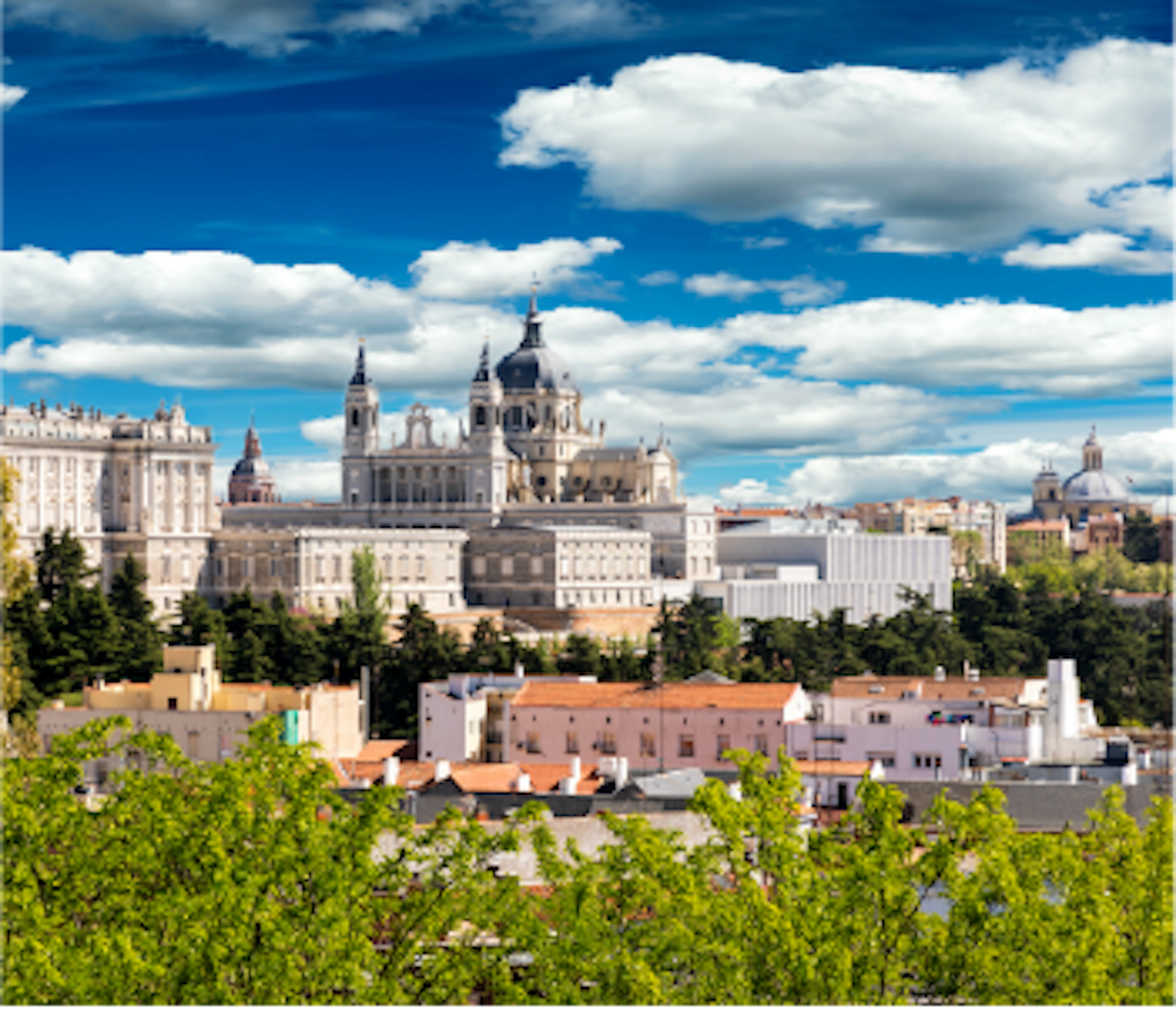 Lively city view of Madrid Spain in the springtime