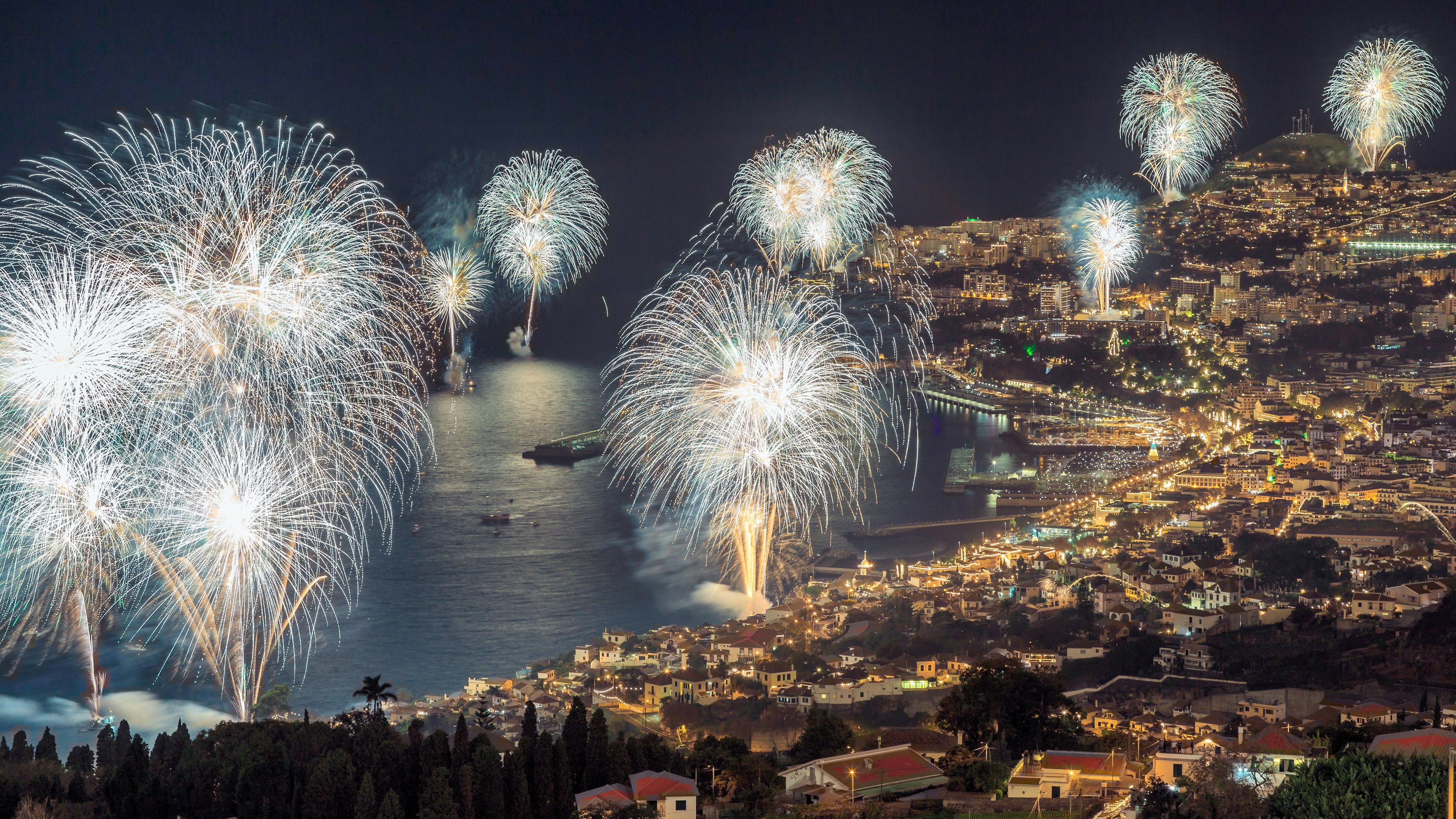 Dark night and fireworks in the sky over a beach in Madeira