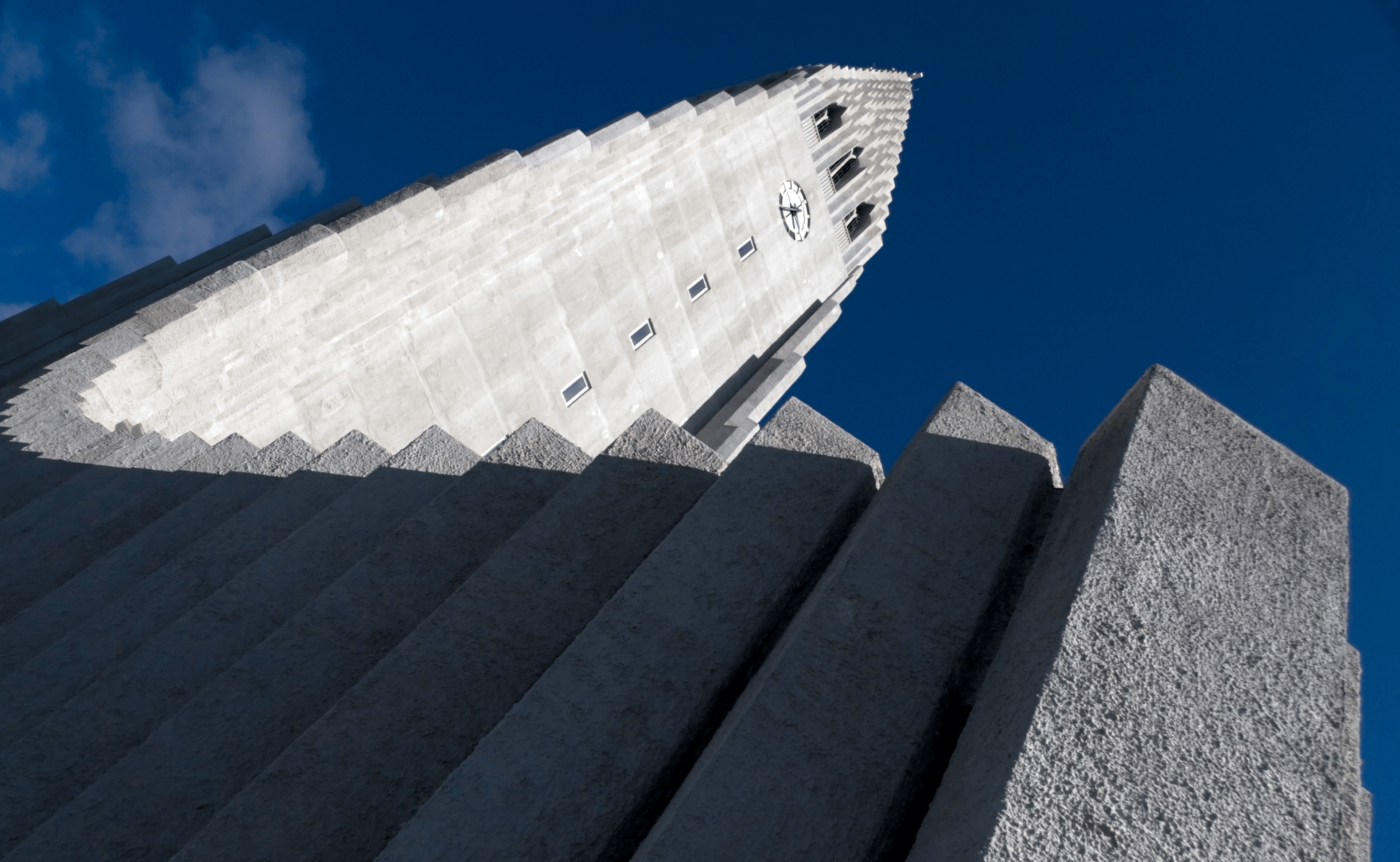 Looking up at the tower of Hallgrímskirkja church in Reykjavik 