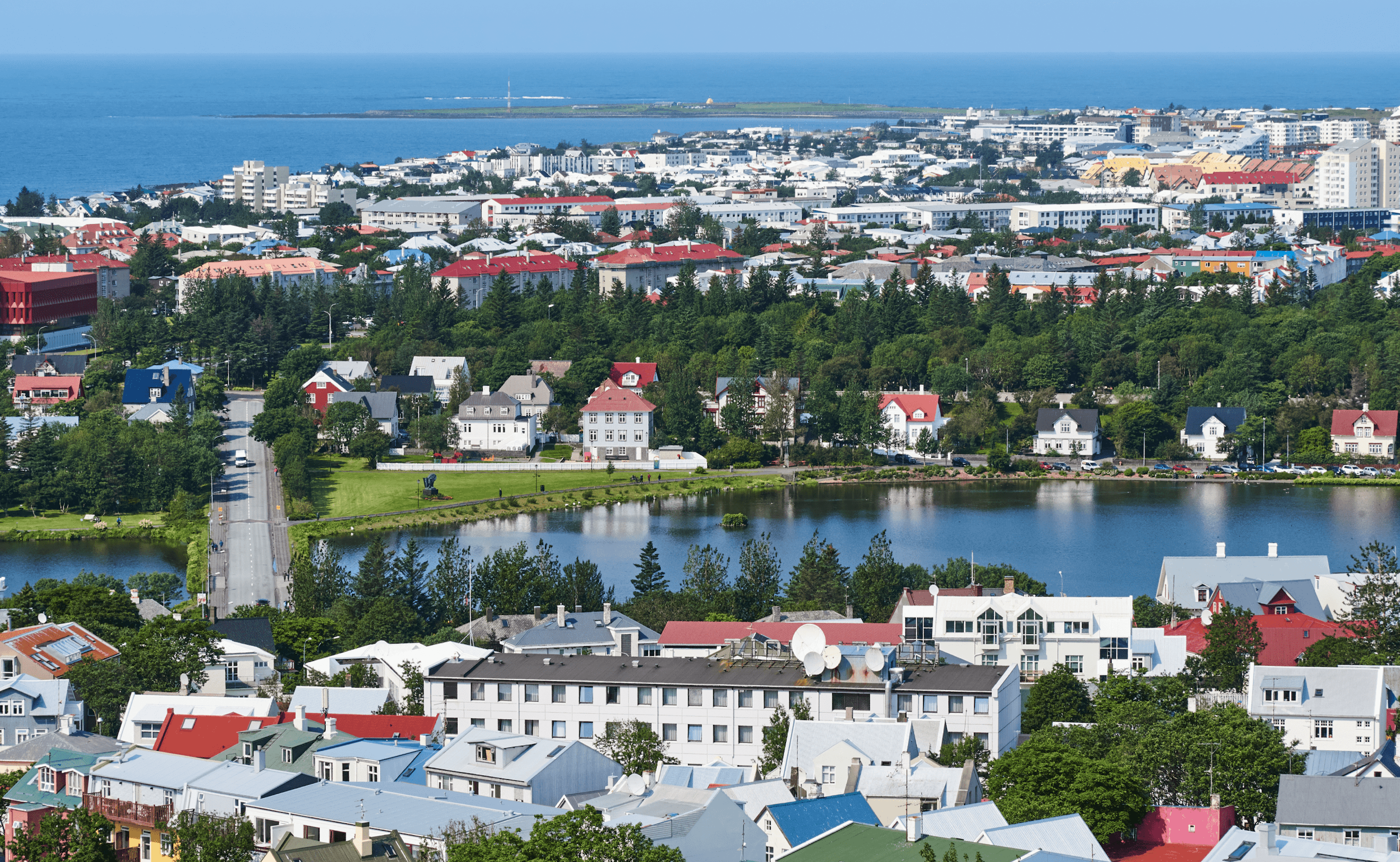 A view over the city pond and old west part of Reykjavik as seen from Hallgrímskirkja church tower