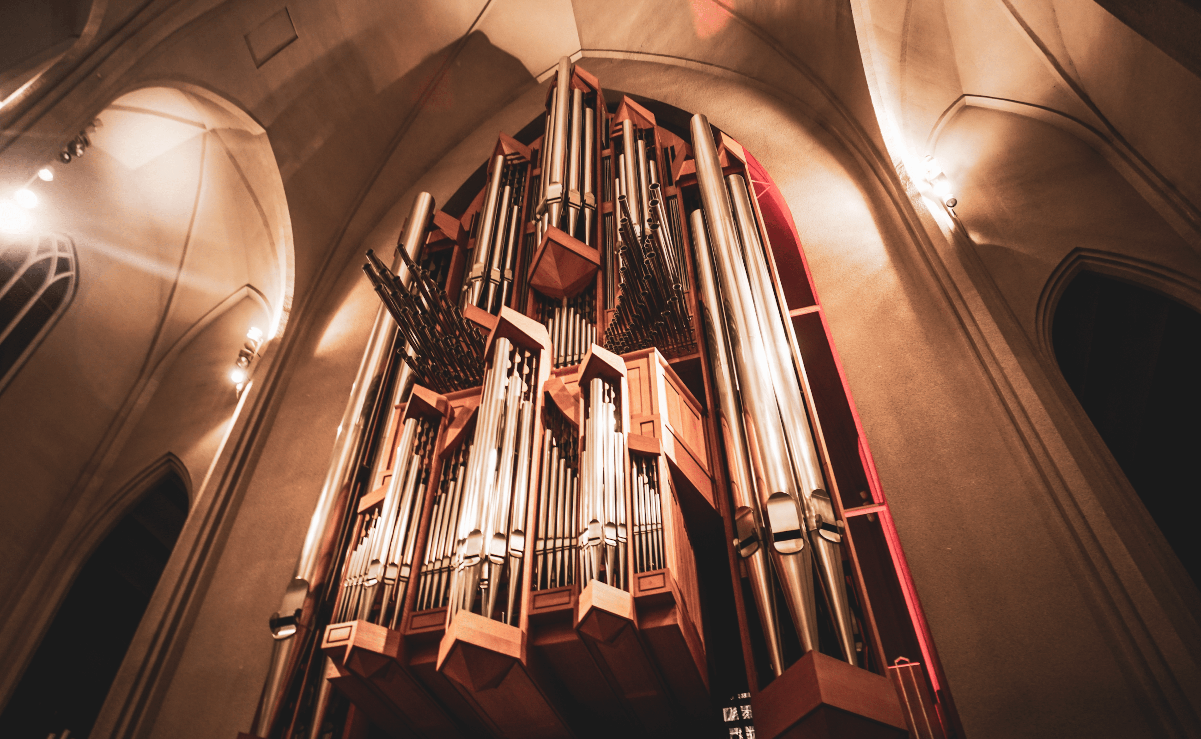 Looking up at the huge pipe organ of Hallgrímskirkja church in Reykjavik, Iceland