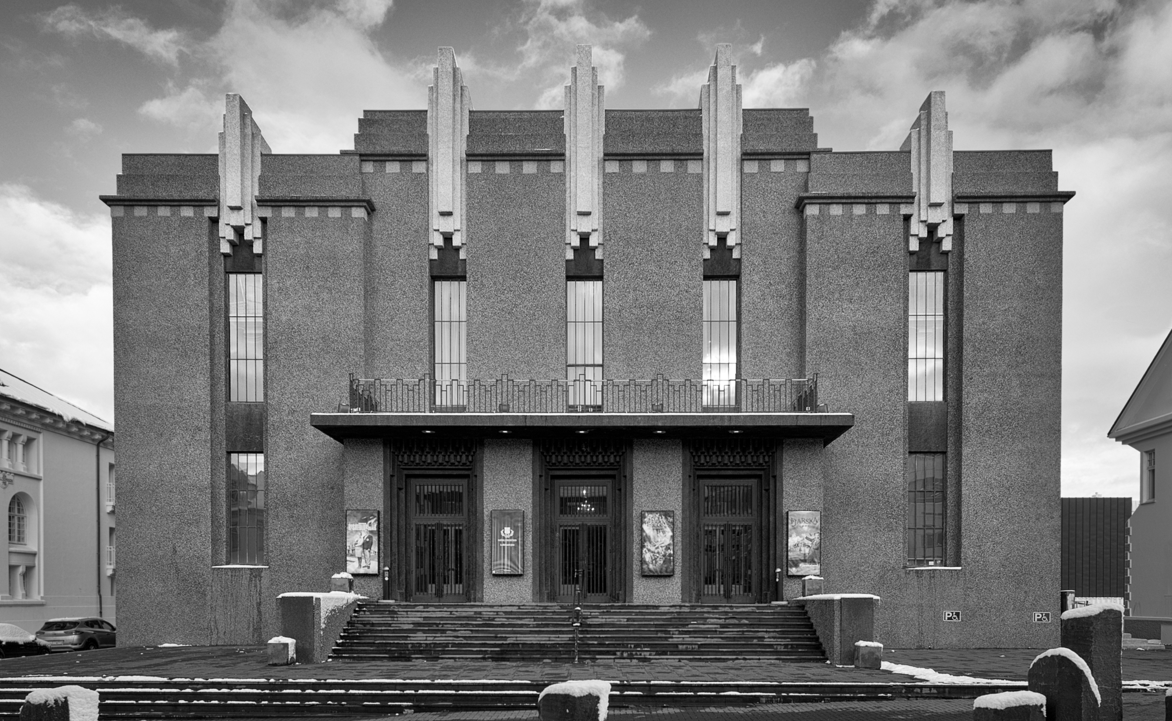 The imposing facade of the National Theatre of Iceland at Hverfisgata in Reykjavik, Iceland