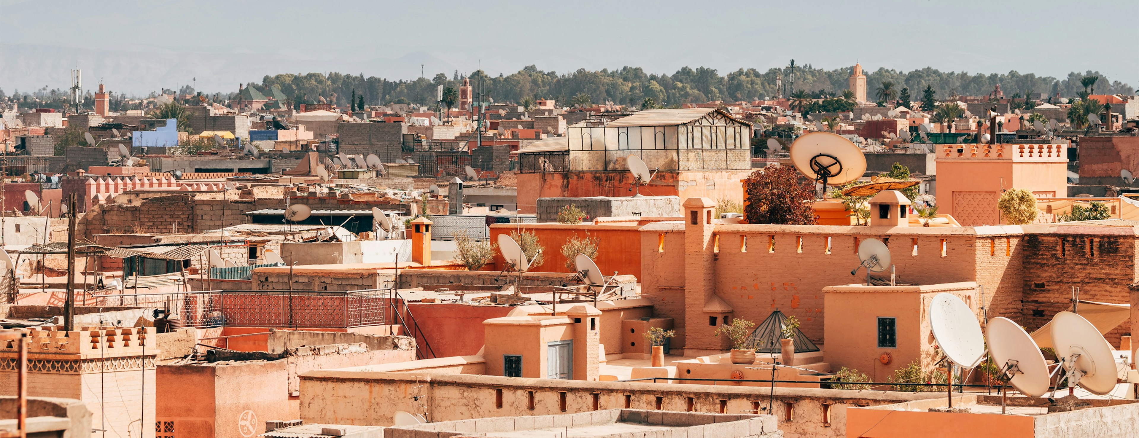 An overview of the buildings and roofs of Marrakech in Morocco