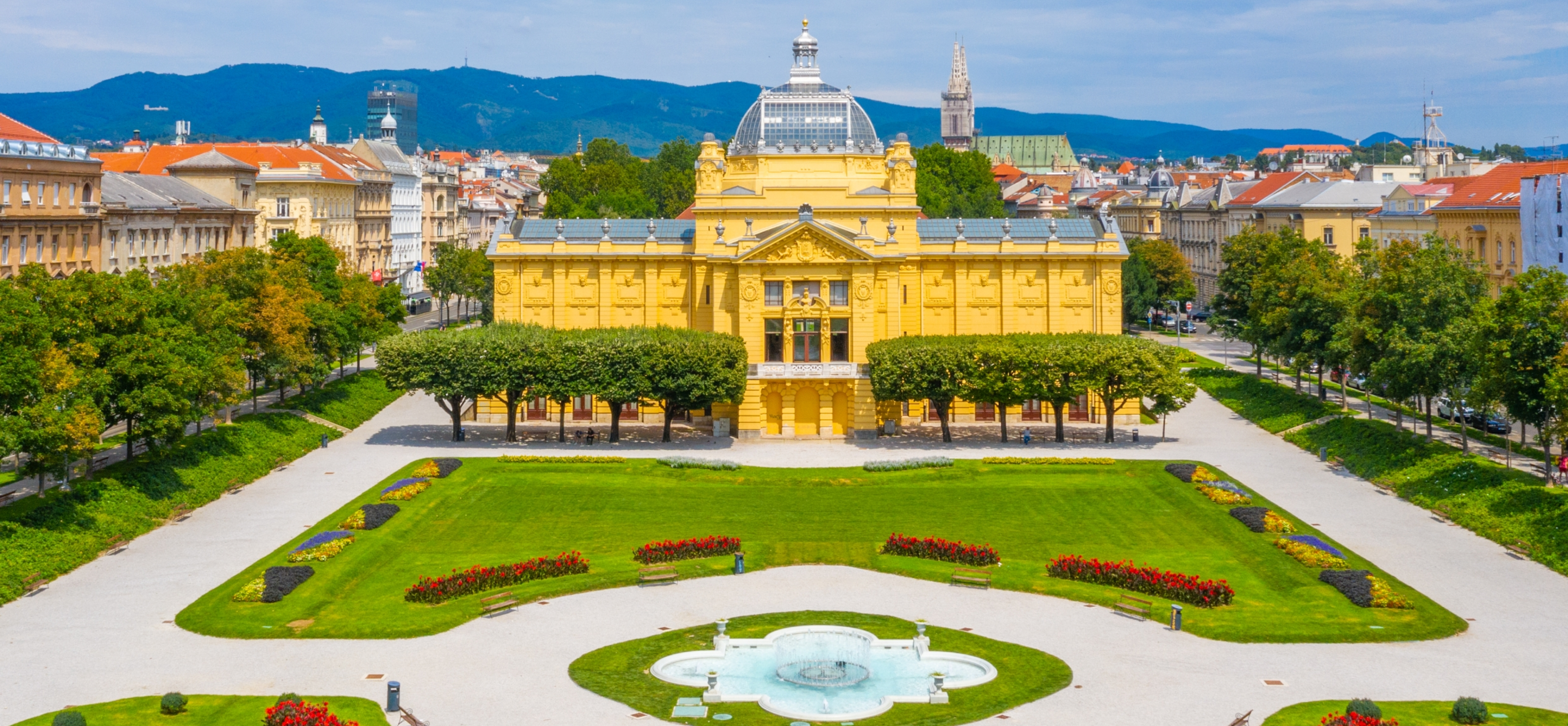 A stately building with landscaping in Croatia's capital Zagreb