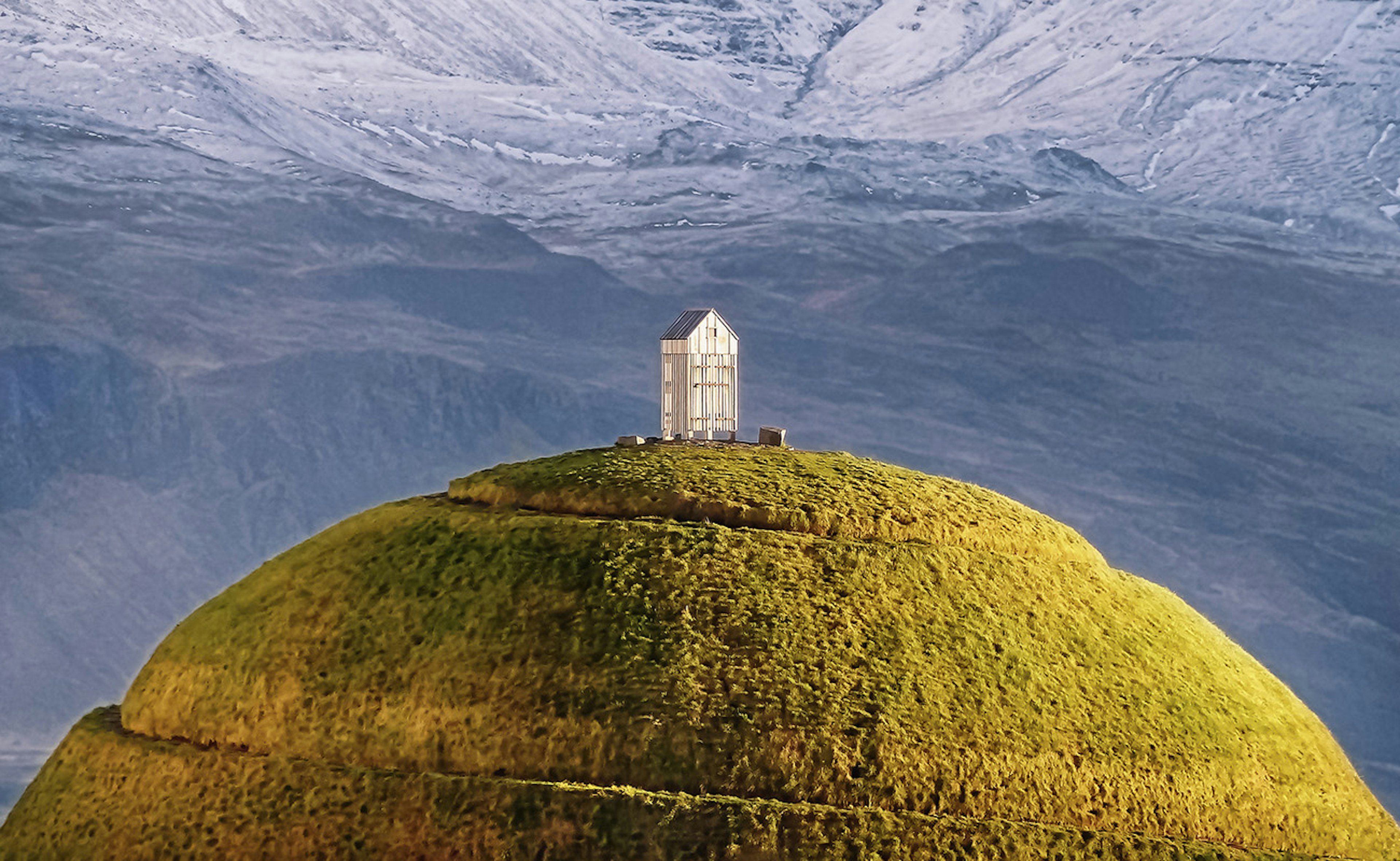 A grassy man-made hill in the harbor-area of Reykjavik, Iceland