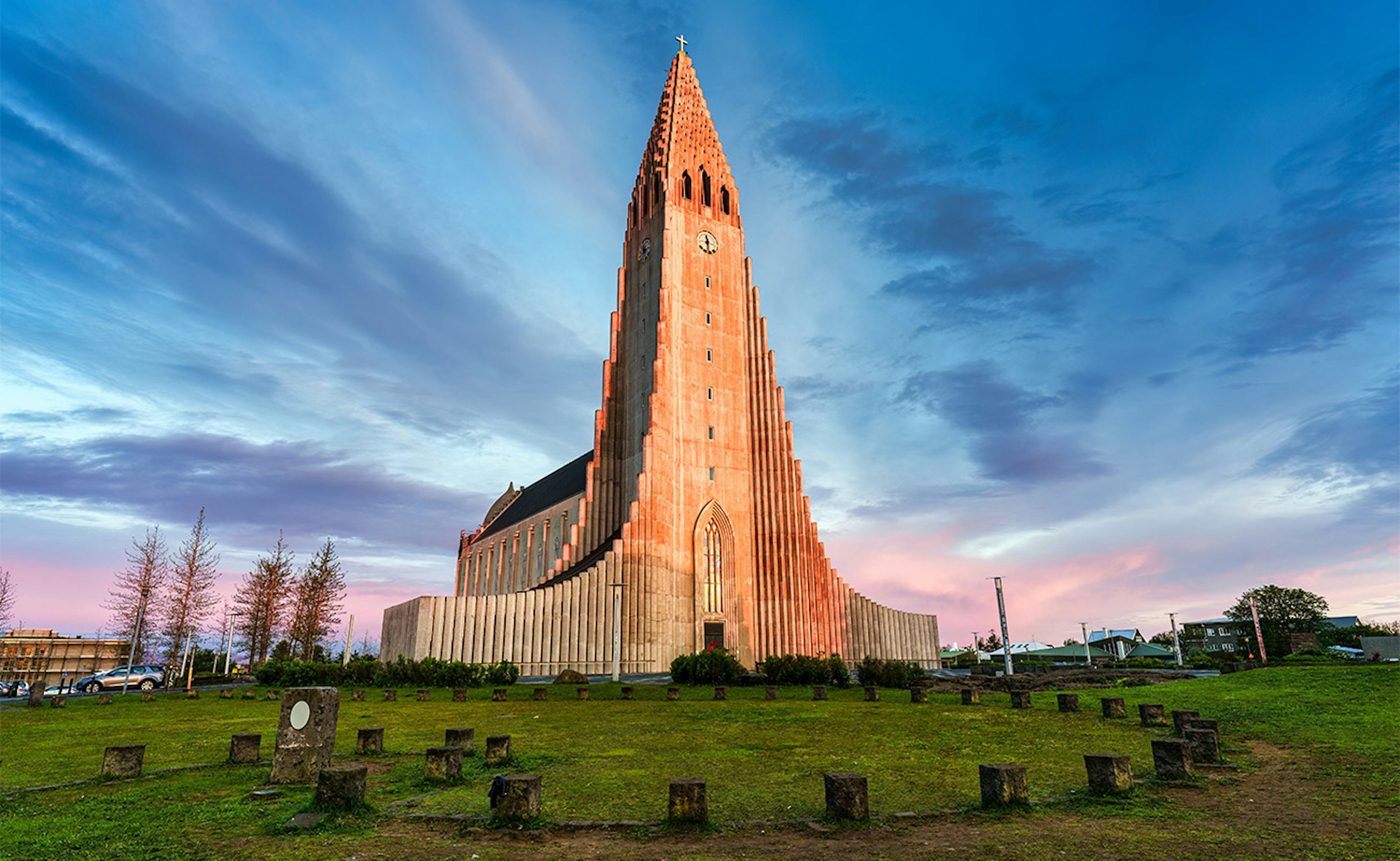 Hallgrímskirkja church bathed in the sunset in Reykjavik