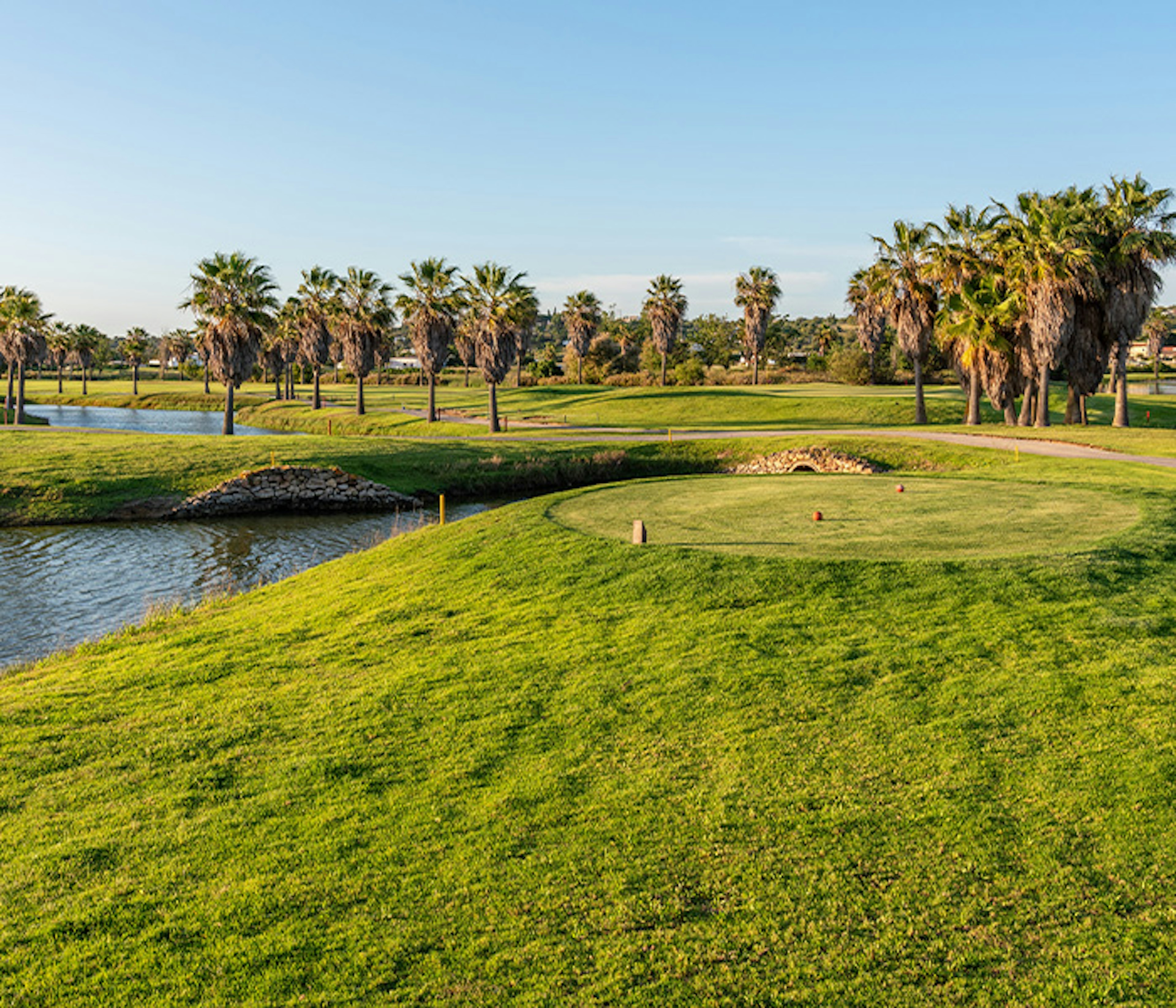 The lush green of a golf course in Faro, Portugal