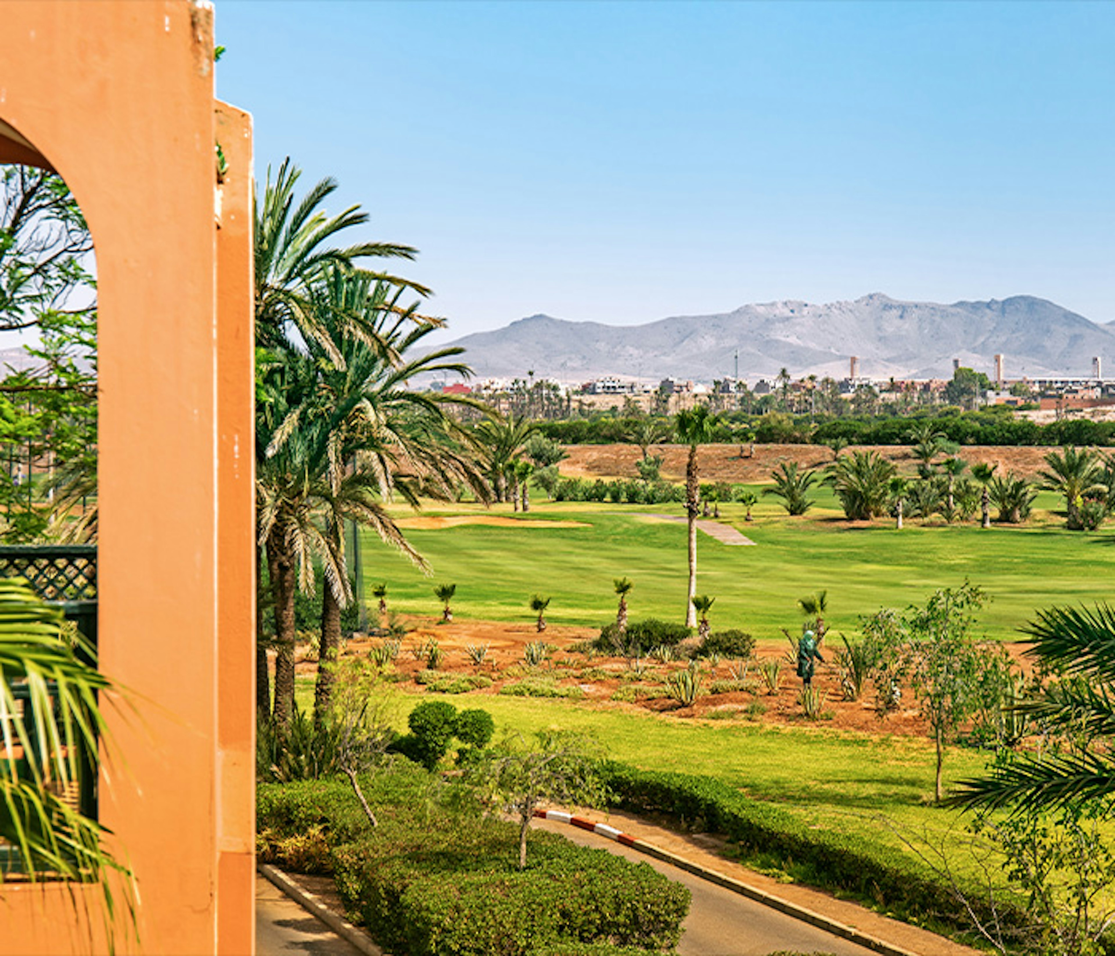 The greens of a beautiful golf course in Marrakesh in Morocco on a sunny day