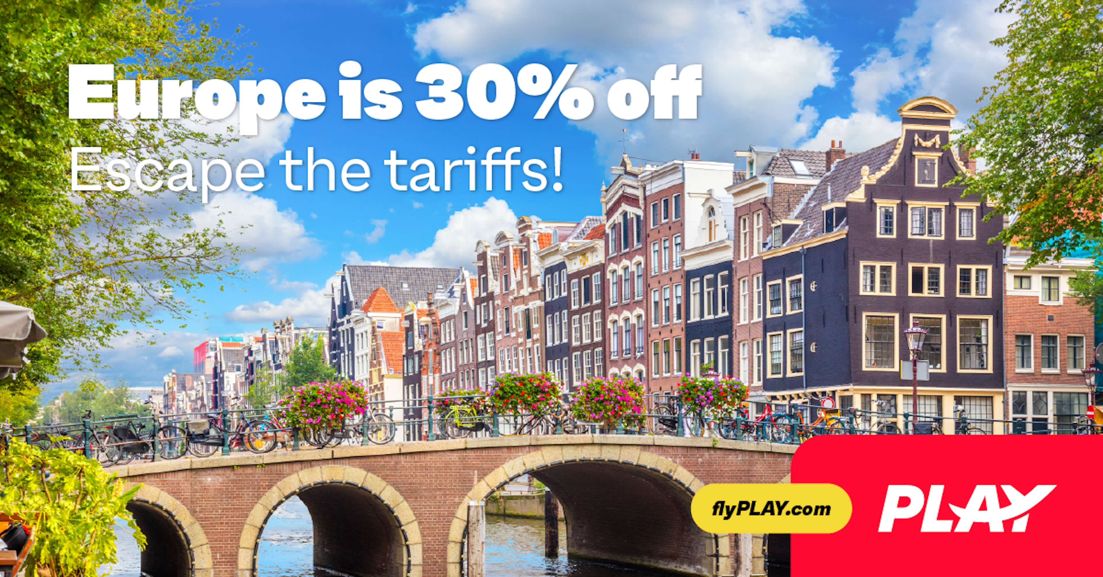 Europe os 30% off banner with canal view of Amsterdam