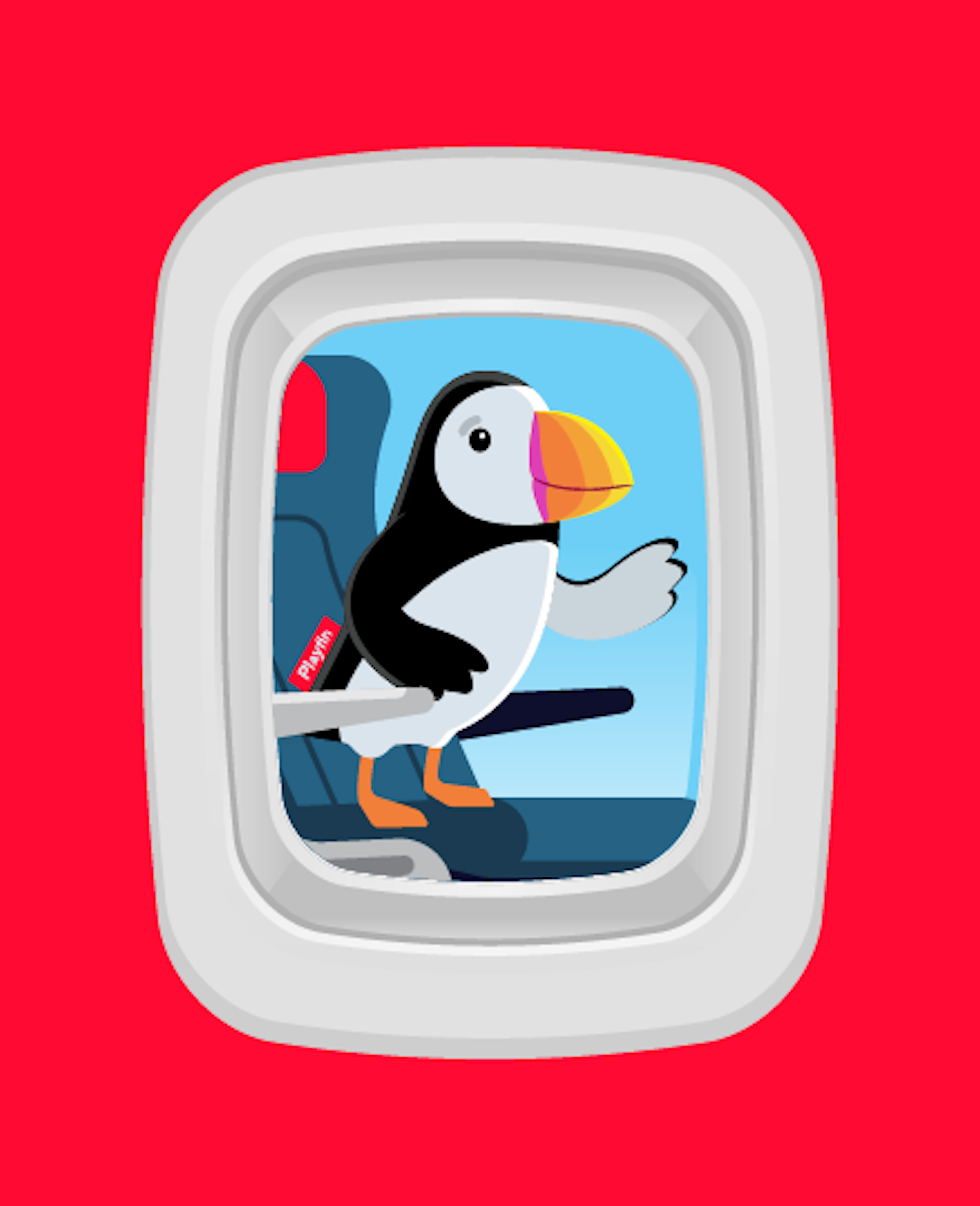 Playfin puffin in a play plane window