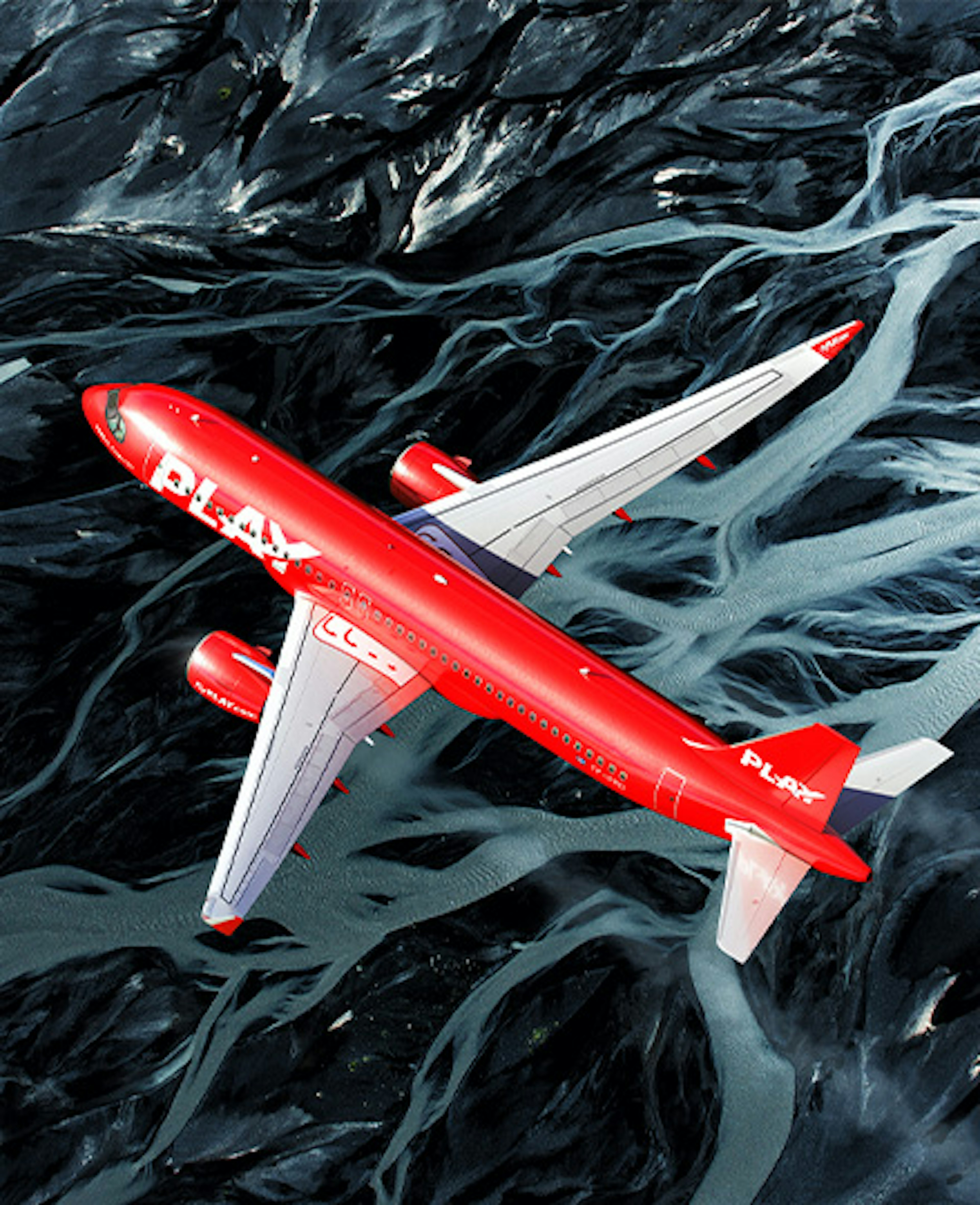 PLAY's red aircraft flying over a glacial river that runs through black sands