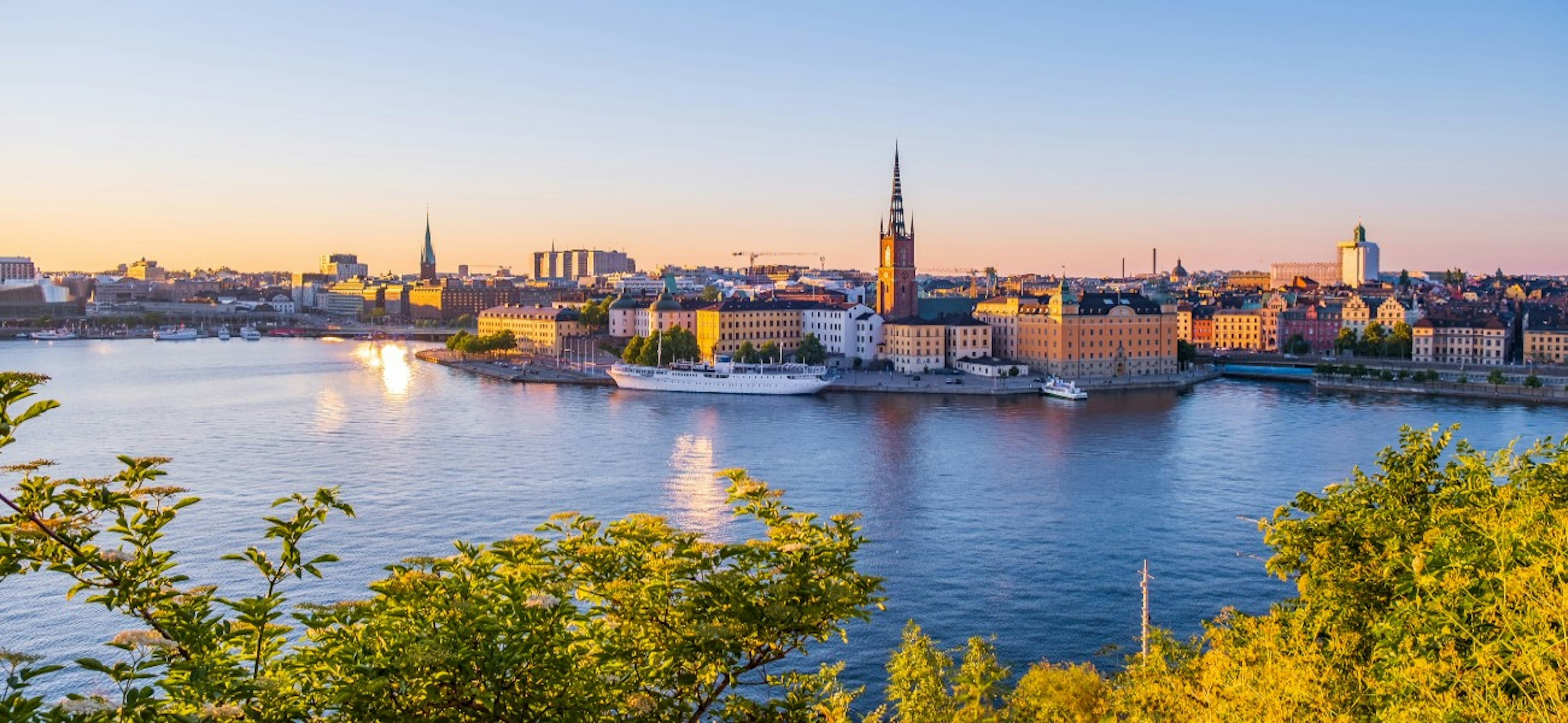 Beautiful panoramic sunset view of Stockholm Gamla Stan skyline in Stockholm city, Sweden