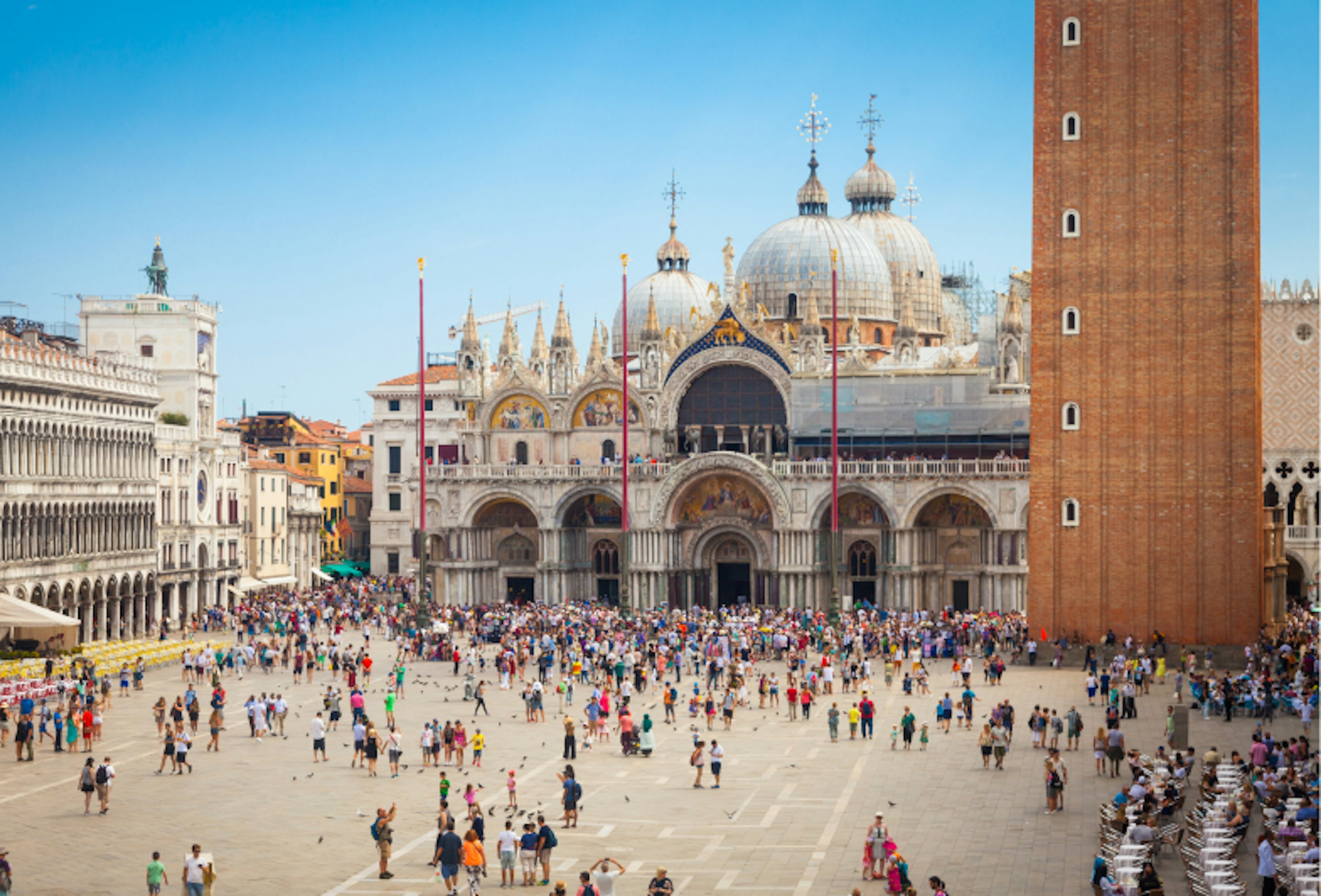 Piazza San Marco with the Basilica of Saint Mark and the bell tower of St Mark's Campanile (Campanile di San Marco) in Venice, Italy