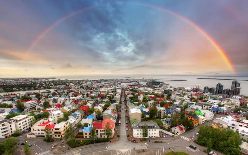 A rainbow over the city of Reykjavik