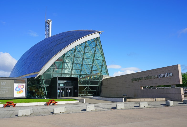 Exterior view of the Glasgow Science Centre, a complex of three modern titanium buildings located in the Clyde Waterfront Regeneration area in Glasgow, Scotland.