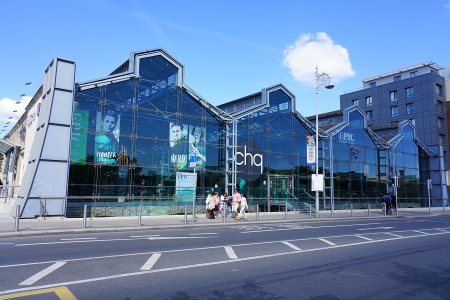 A street view of the Chq Building in Dublin, Ireland