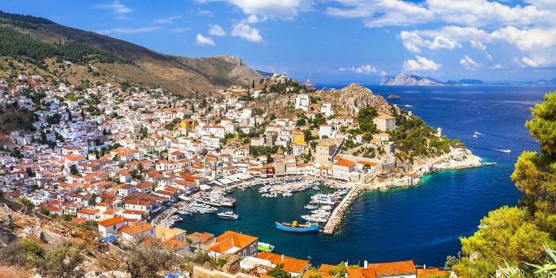 panorama of a seaside town Hydra in Greece