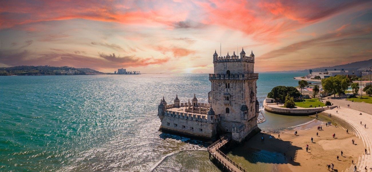 Aerial view of Tower of Belem at sunset, Lisbon