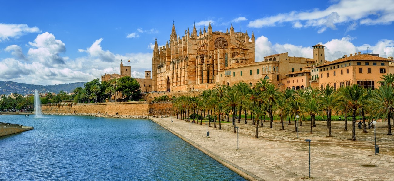 Panoramic view of La Seu, the gothic medieval cathedral of Palma de Mallorca, Spain