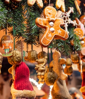 Gingerbread cookies and Christmas decorations at a Christmas market in Liverpool