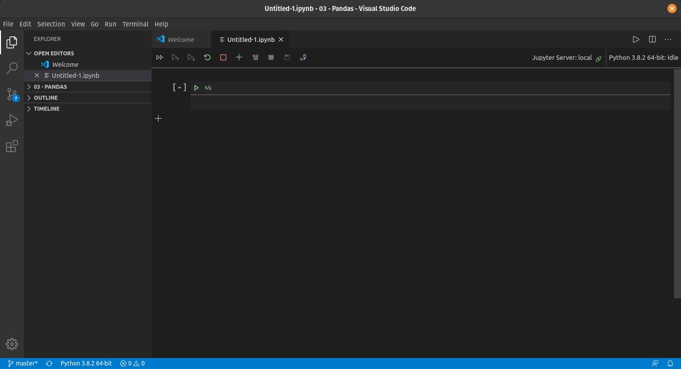 Jupyter notebook aberto no Visual Studio Code. Será possível observar a primeira célula disponível para executar de algum comando em Python.