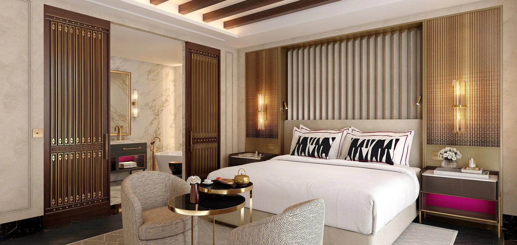 As part of a prestigious hospitality debut in the Saudi Arabia, Walking on Wood was selected to install bespoke flooring in the mock-up room of a boutique hotel by a renowned French culinary brand. The design, led by Jeffrey Beers International, blends Parisian sophistication with regional architectural influences.  Our team crafted a chevron-patterned engineered white oak floor, finished in hotel grade varnish, framed with brass detailing to echo the elegance of the final concept.