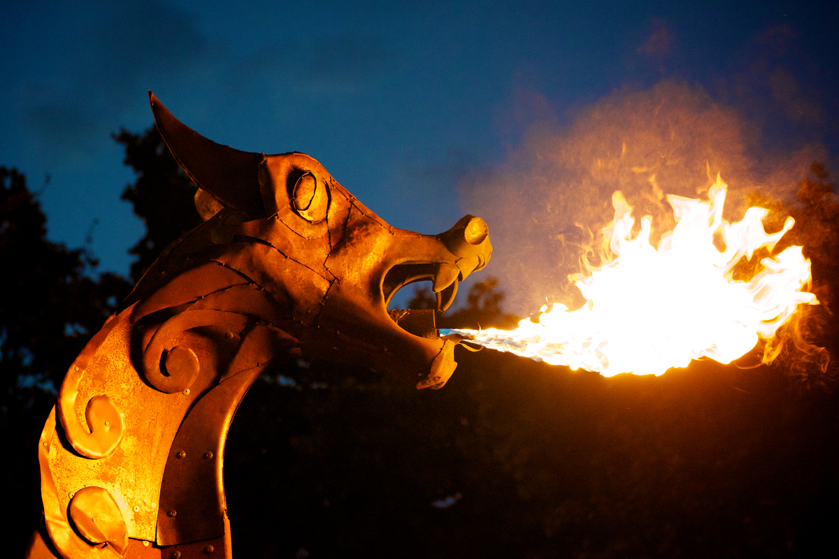 The dragon head from the front of a ship breathing fire