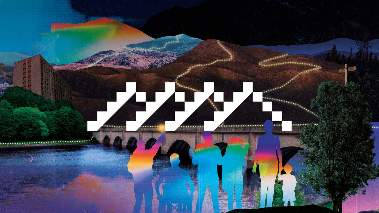 An abstract image of silhouettes of people in a rainbow colour scheme and a pixel-art version of a mountain range