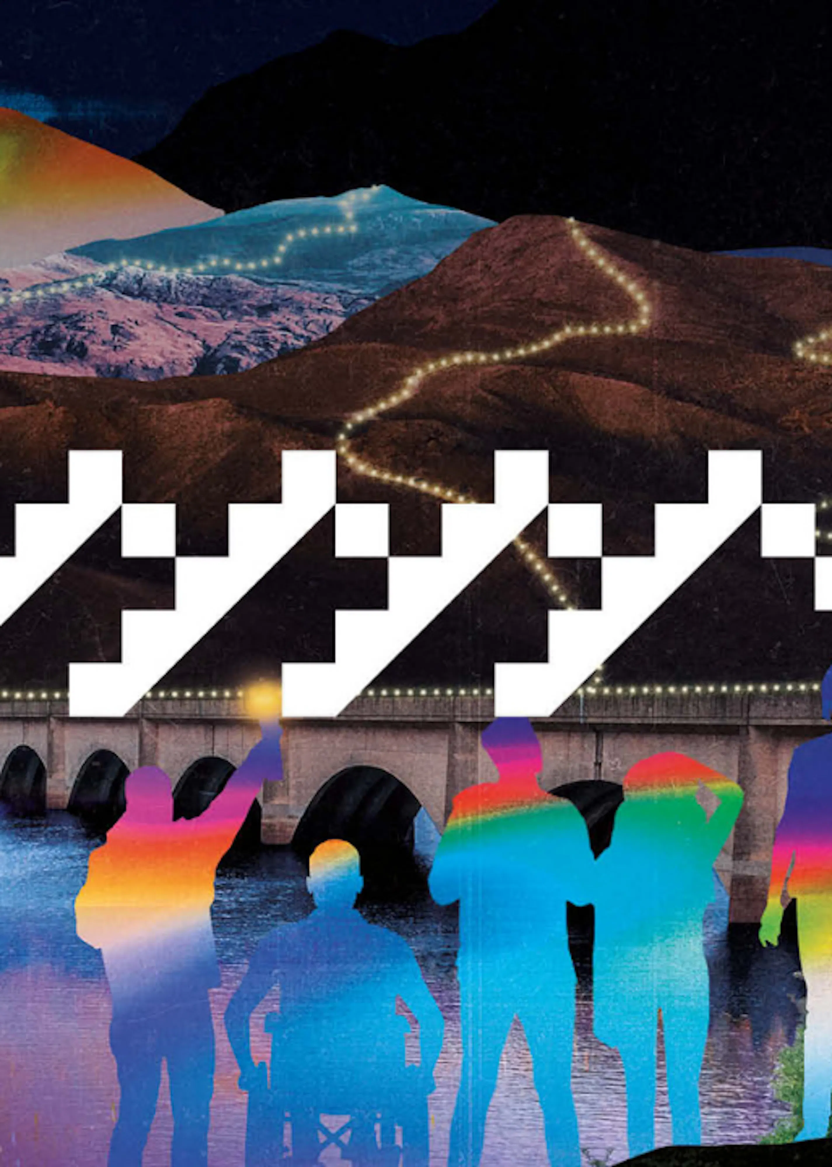 An abstract image of silhouettes of people in a rainbow colour scheme and a pixel-art version of a mountain range