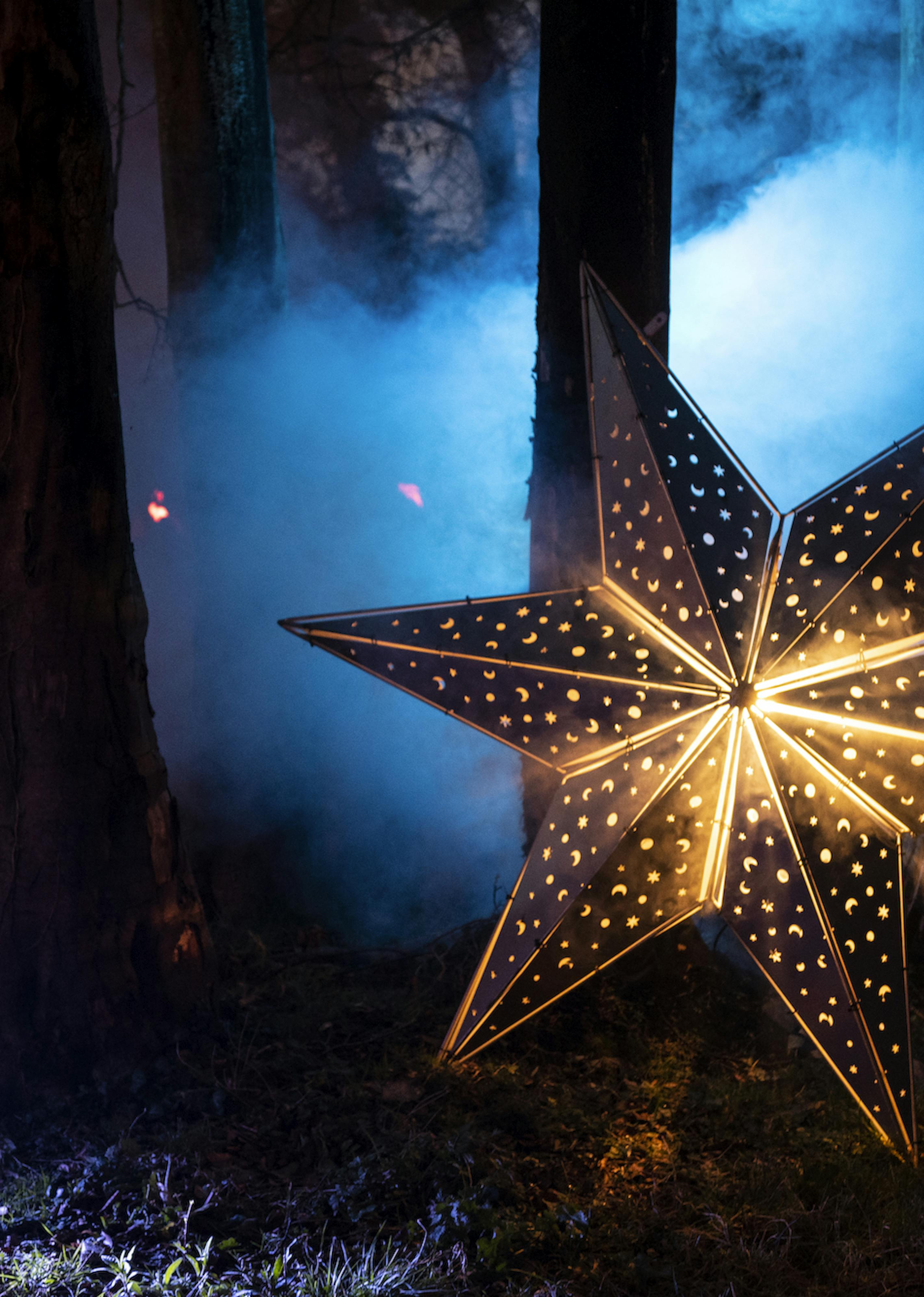 Two stars structures that light up from within in a woodland area, lit up by blue lighting and smoke