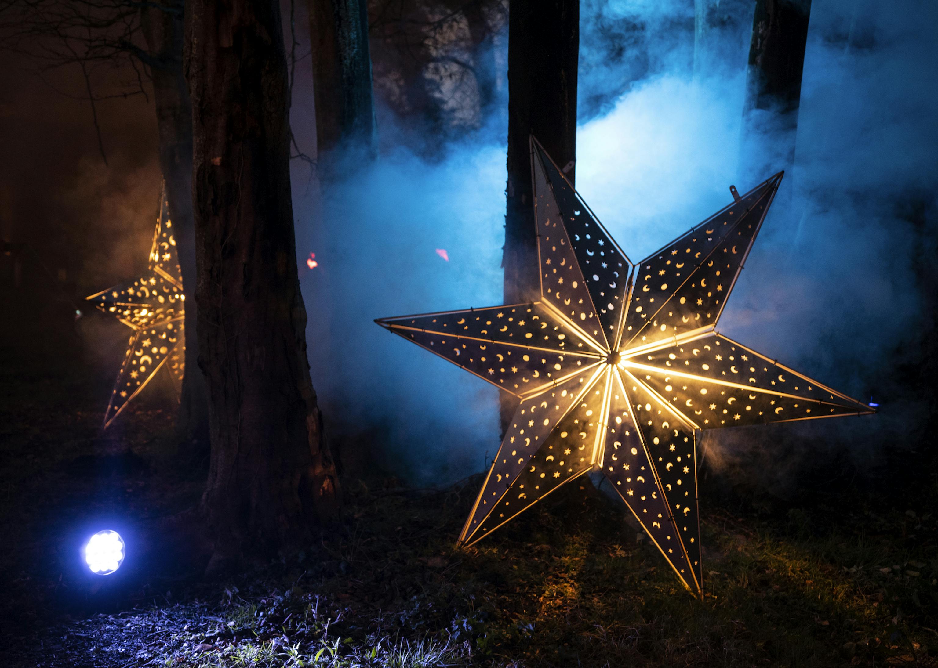 Two stars structures that light up from within in a woodland area, lit up by blue lighting and smoke