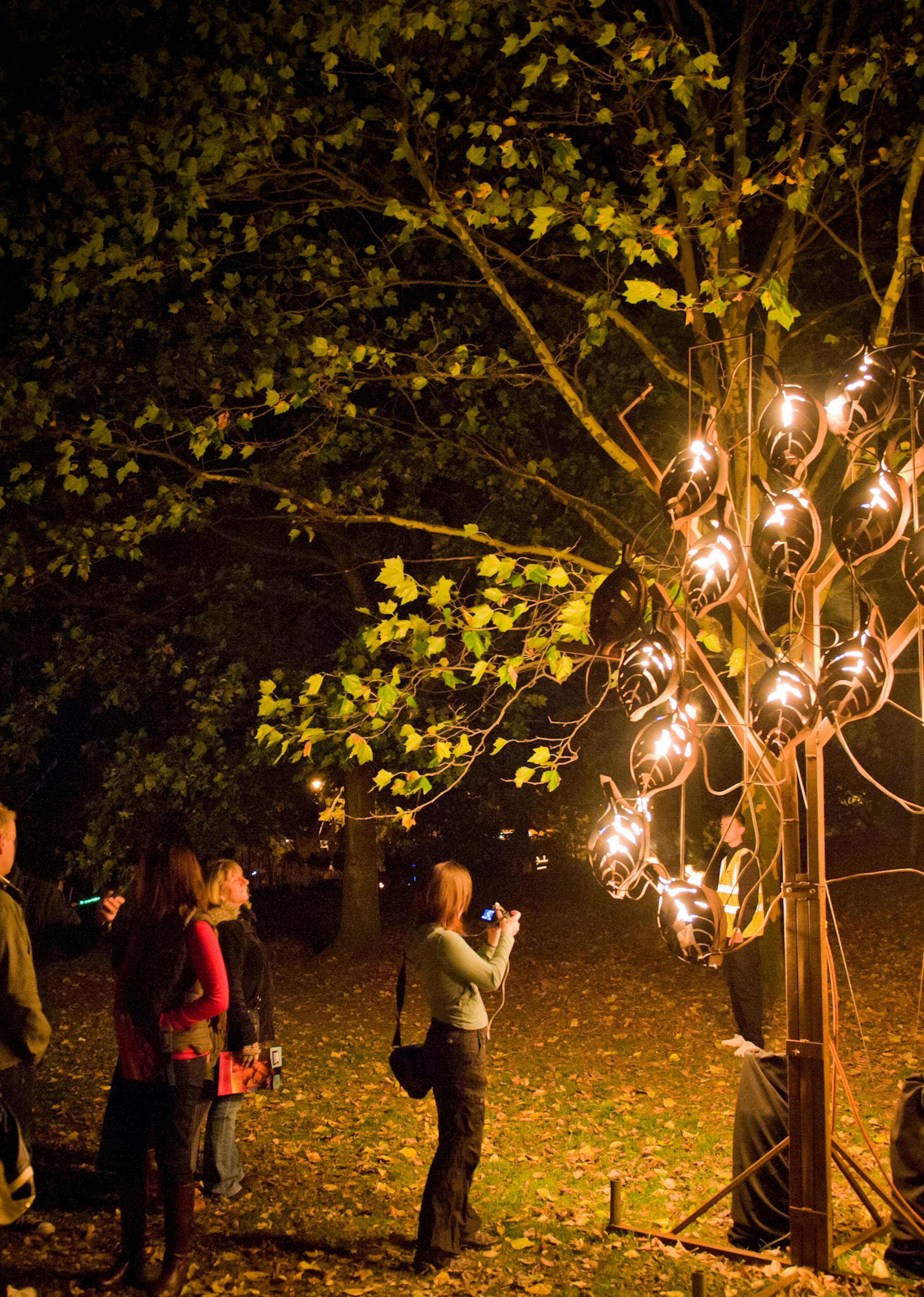 A group of people gathered around a fire tree sculpture in a woodland area, taking photographs