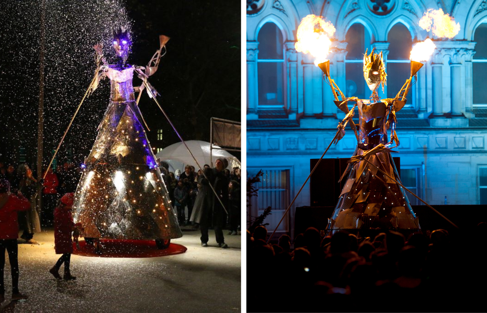Two images: A steel ice queen puppet with glowing eyes and snow fall on her and fire coming out of her arms at night.