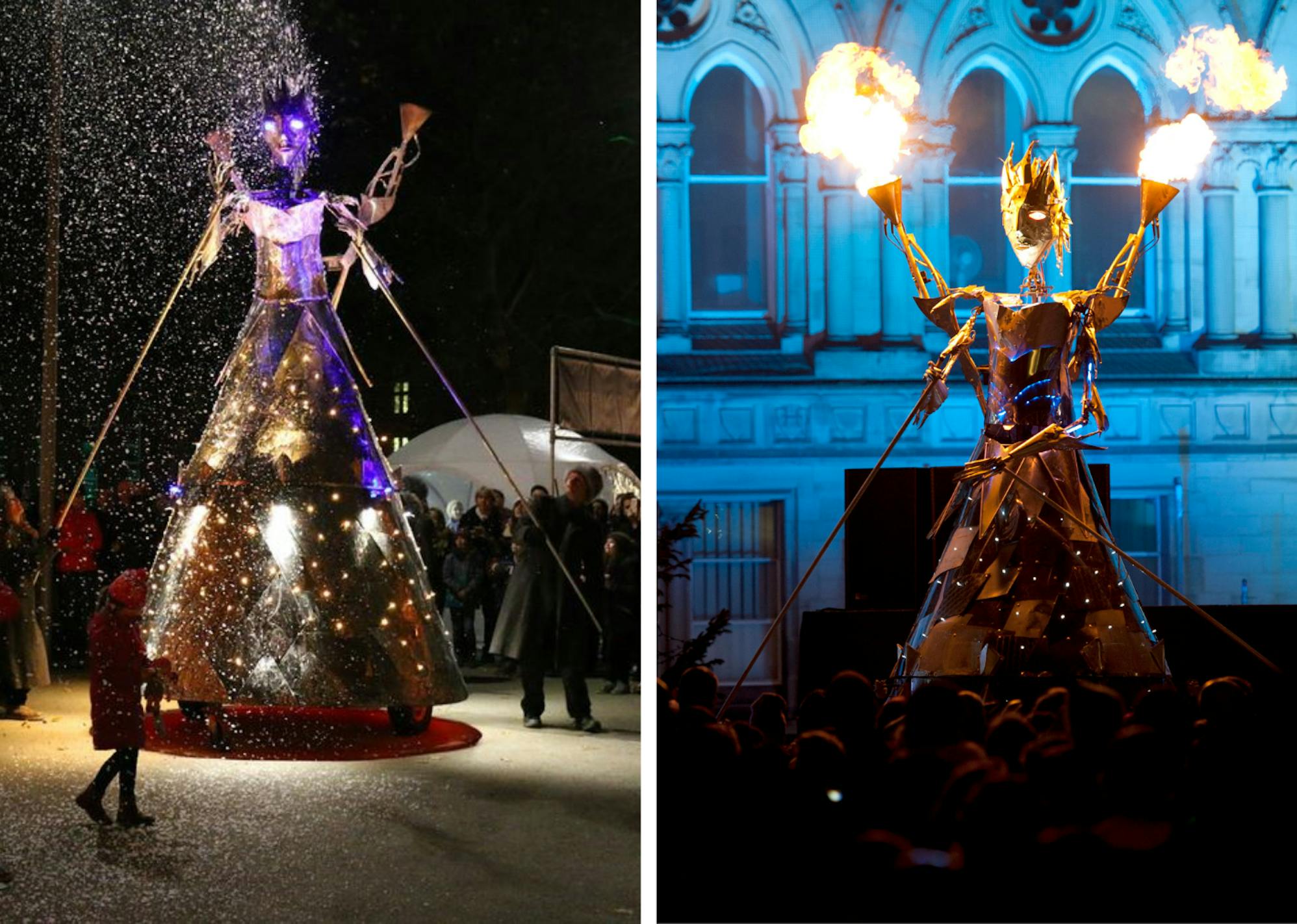 Two images: A steel ice queen puppet with glowing eyes and snow fall on her and fire coming out of her arms at night.