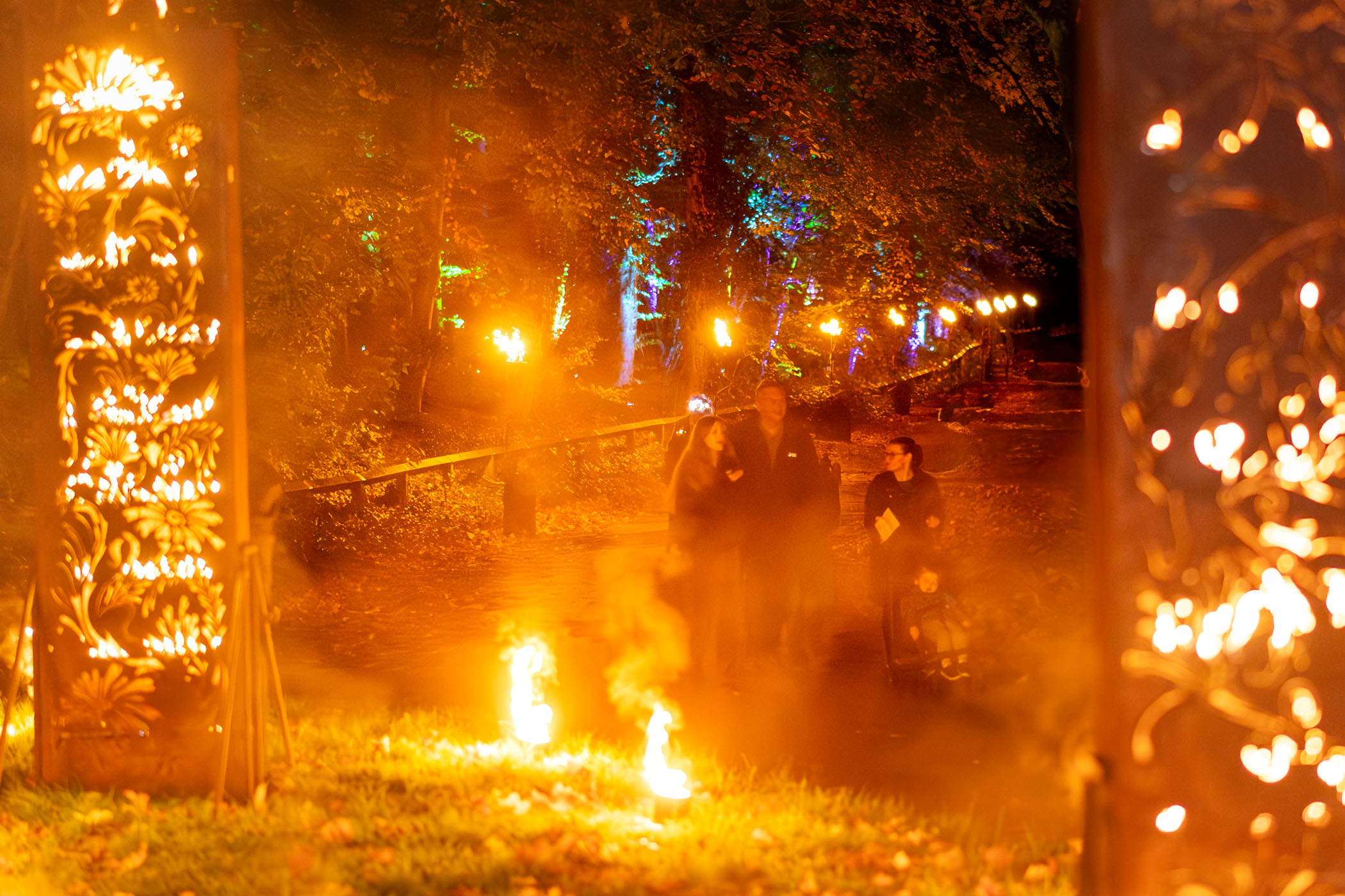 A family walking down a flame lit woodland path at night, lit up by metal fire sculptures.