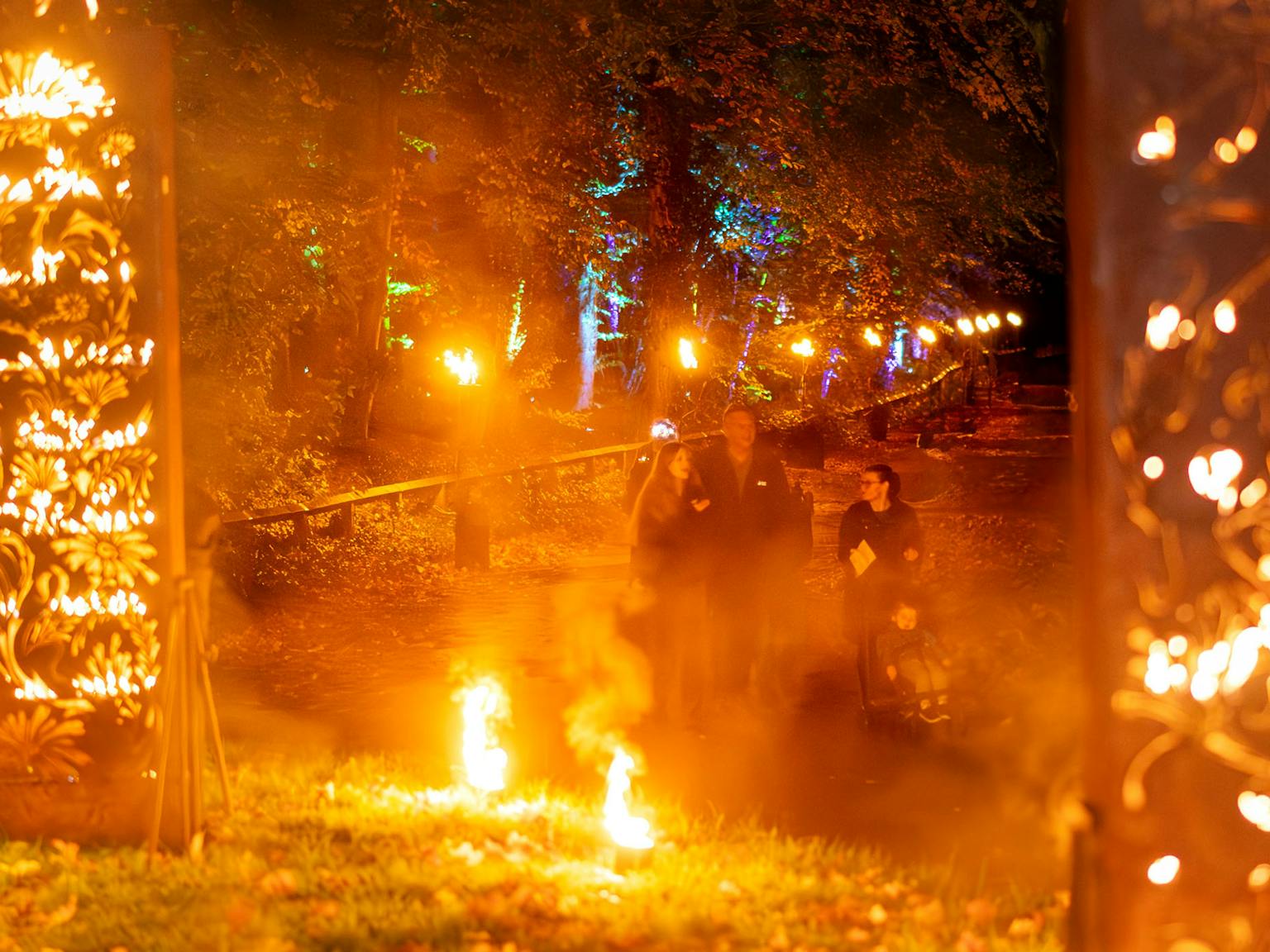 A family walking down a flame lit woodland path at night, lit up by metal fire sculptures.