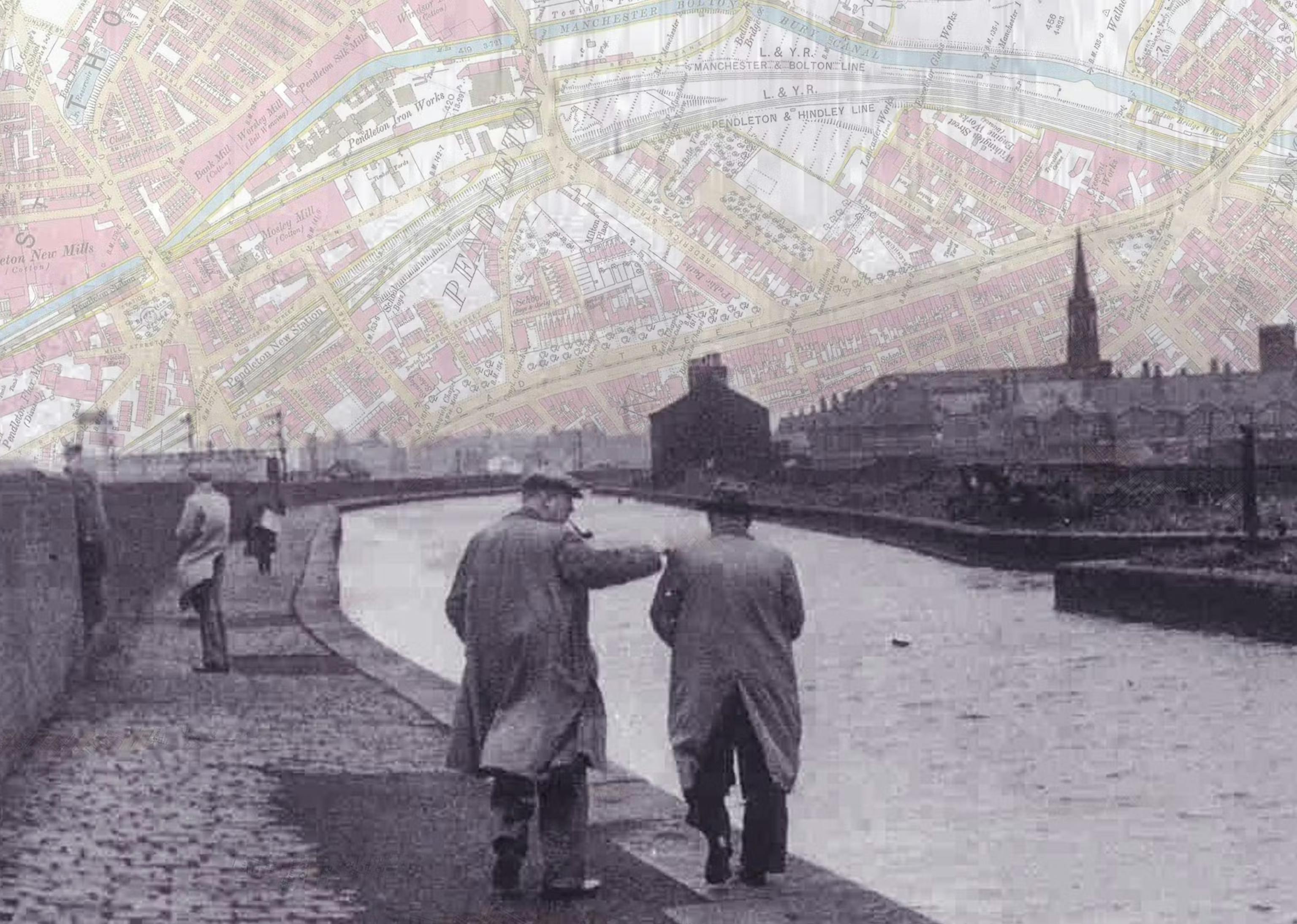 Two people in coats walking next to a canal with maps layered over the image