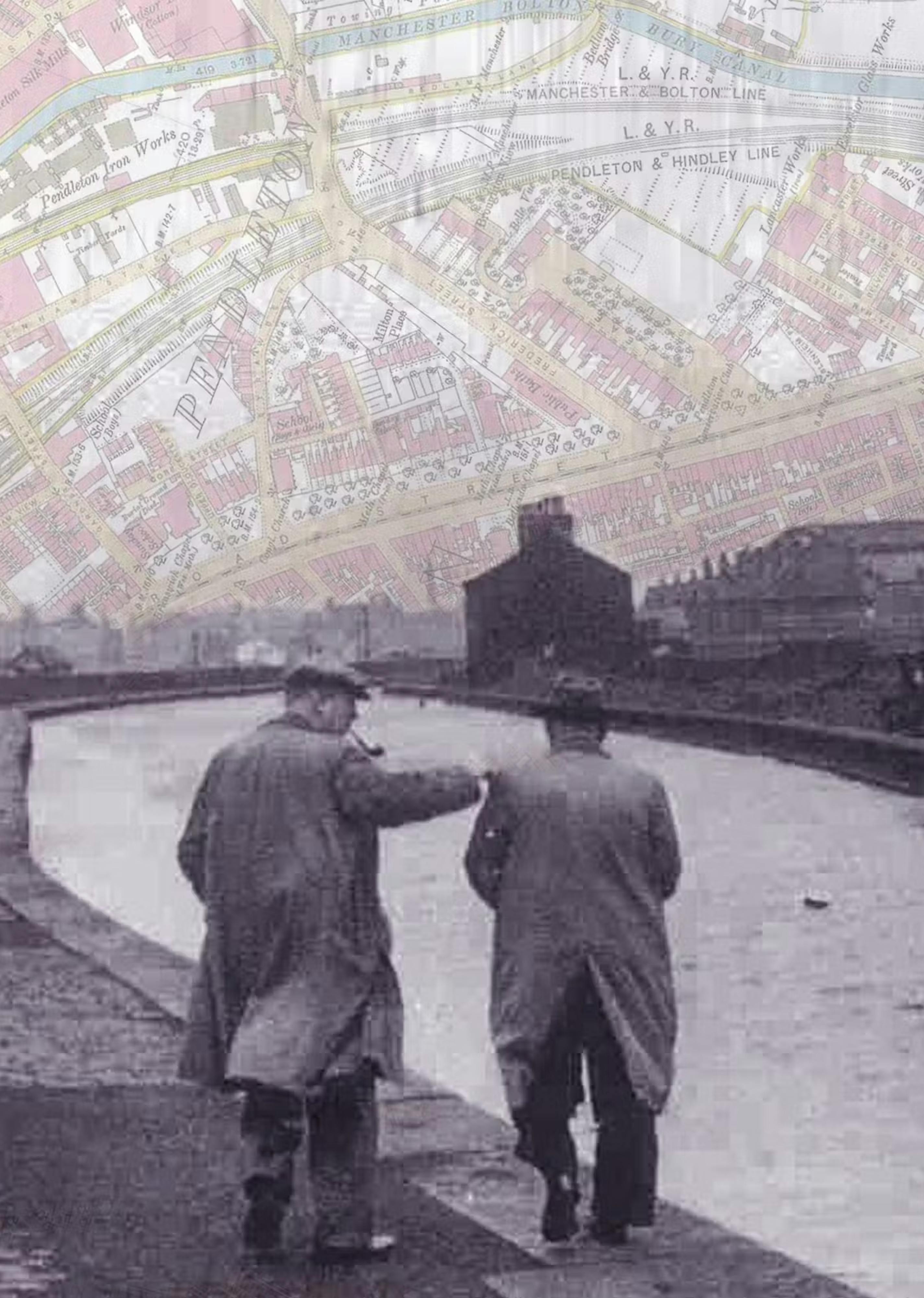 Two people in coats walking next to a canal with maps layered over the image