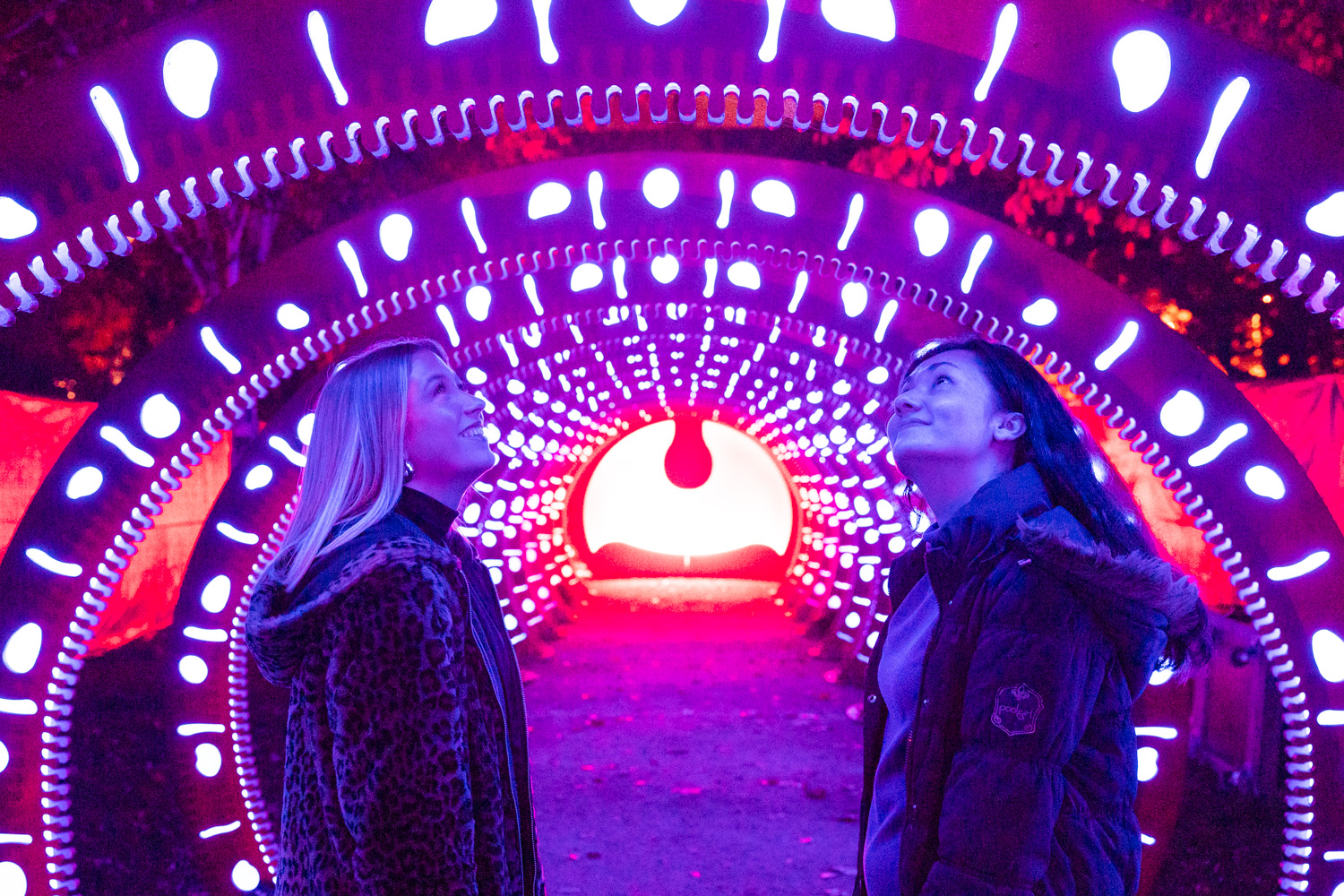 A person with blonde hair and a person with brunette hair looking up facing each other in wonder at a fighting installation