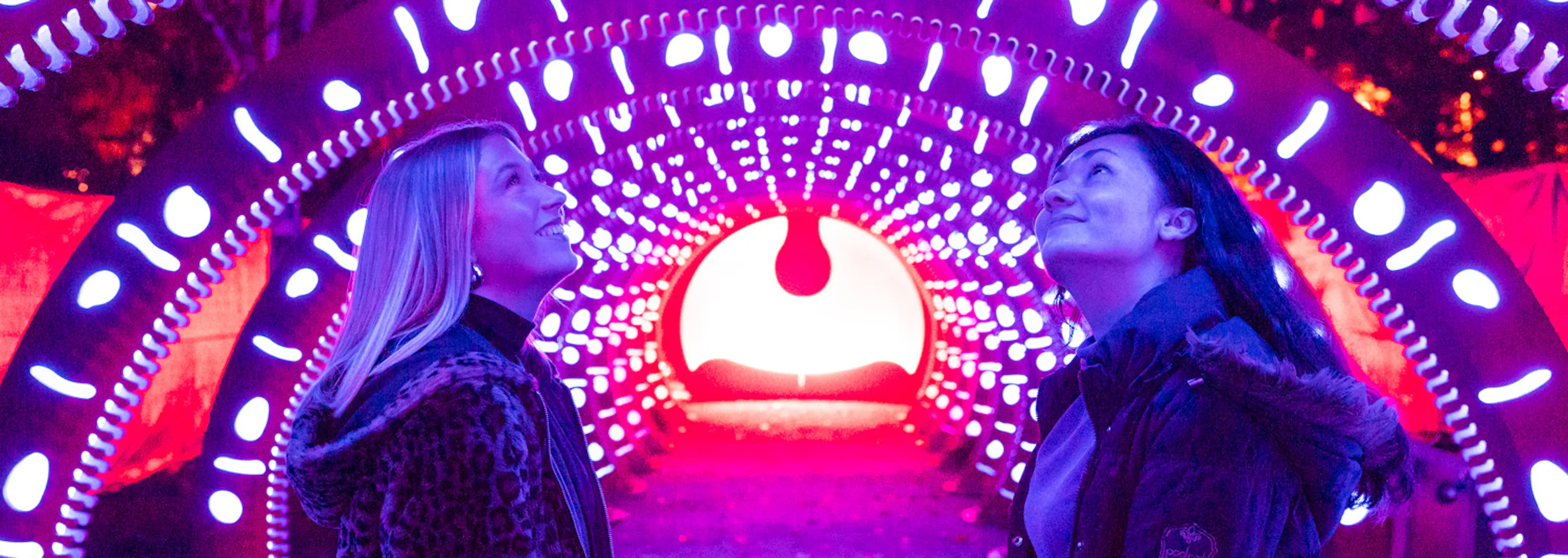 A person with blonde hair and a person with brunette hair looking up facing each other in wonder at a fighting installation