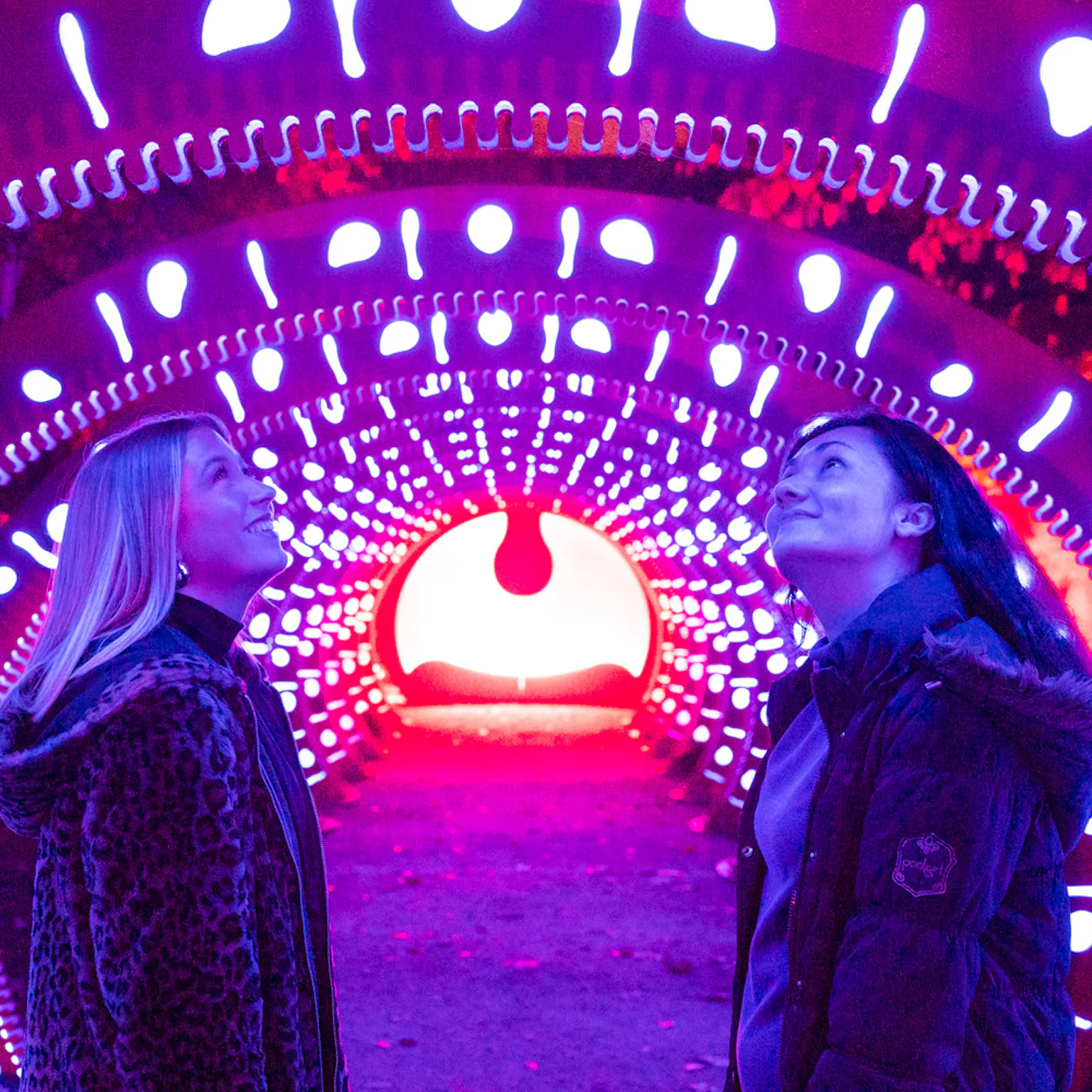A person with blonde hair and a person with brunette hair looking up facing each other in wonder at a fighting installation