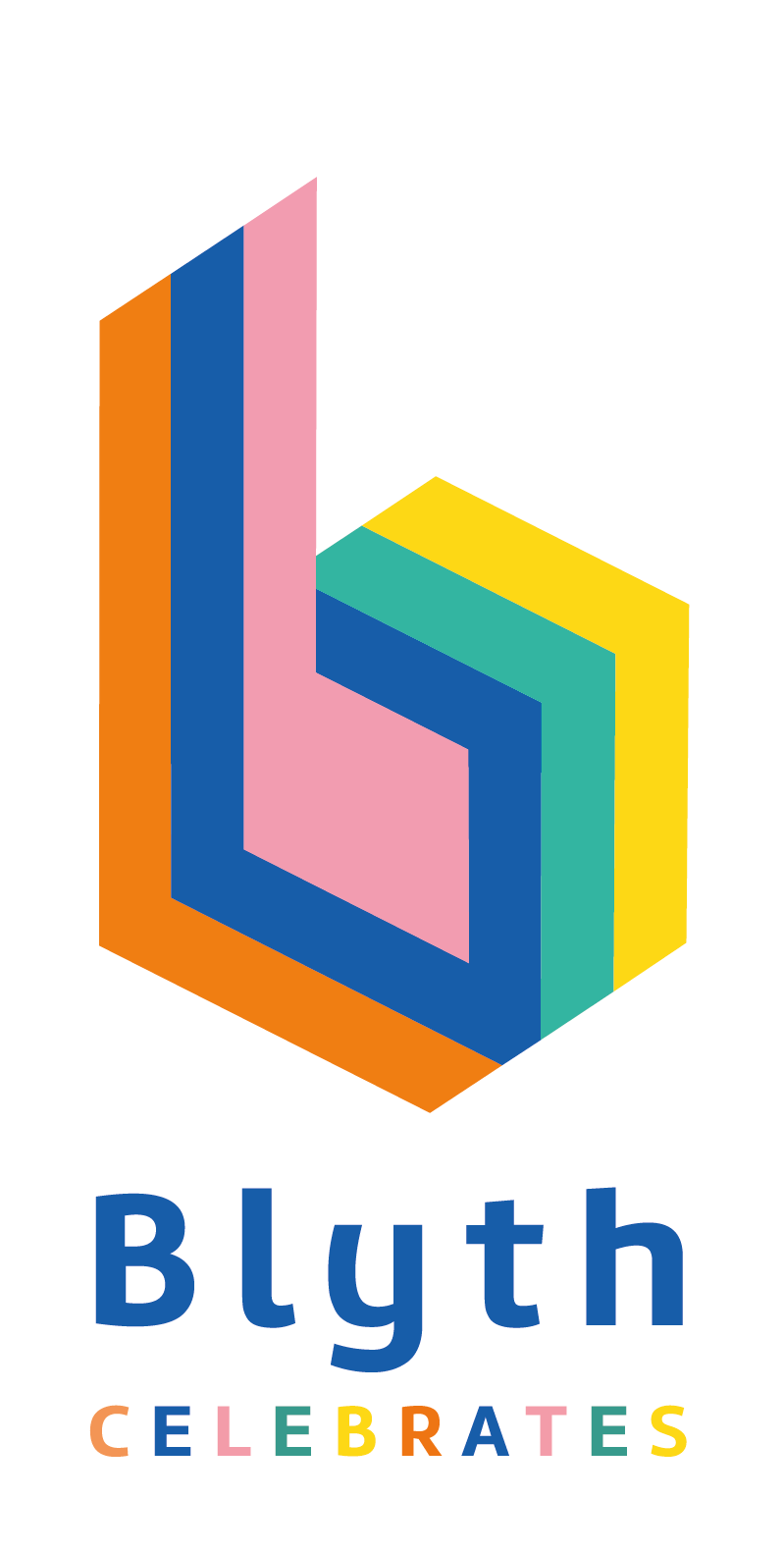 A colourful Blyth Celebrates logo with a large B in orange, blue, pink, turquoise and yellow. 