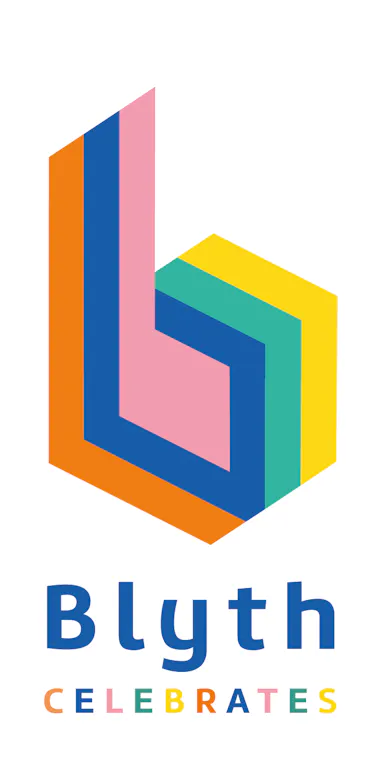 A colourful Blyth Celebrates logo with a large B in orange, blue, pink, turquoise and yellow.