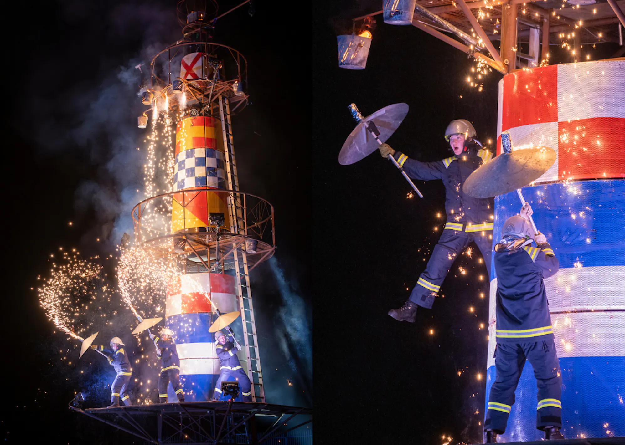 A large lighthouse structure with three lighthouse keeper performers on the structure with pyrotechnics